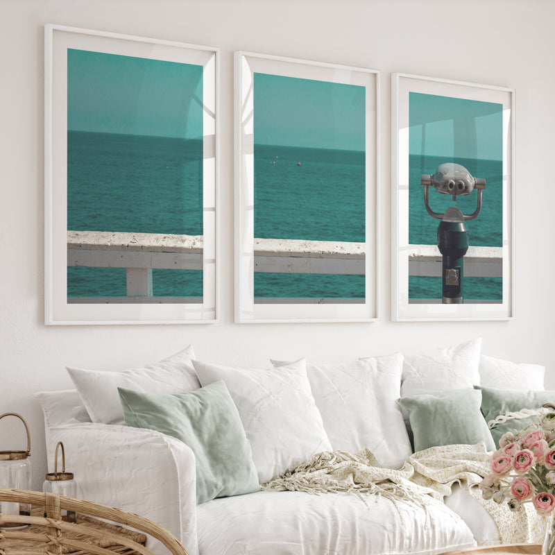 Pier Telescope sea view posters over Deep Blue Water - White Framed Poster with White Border - Artworksets