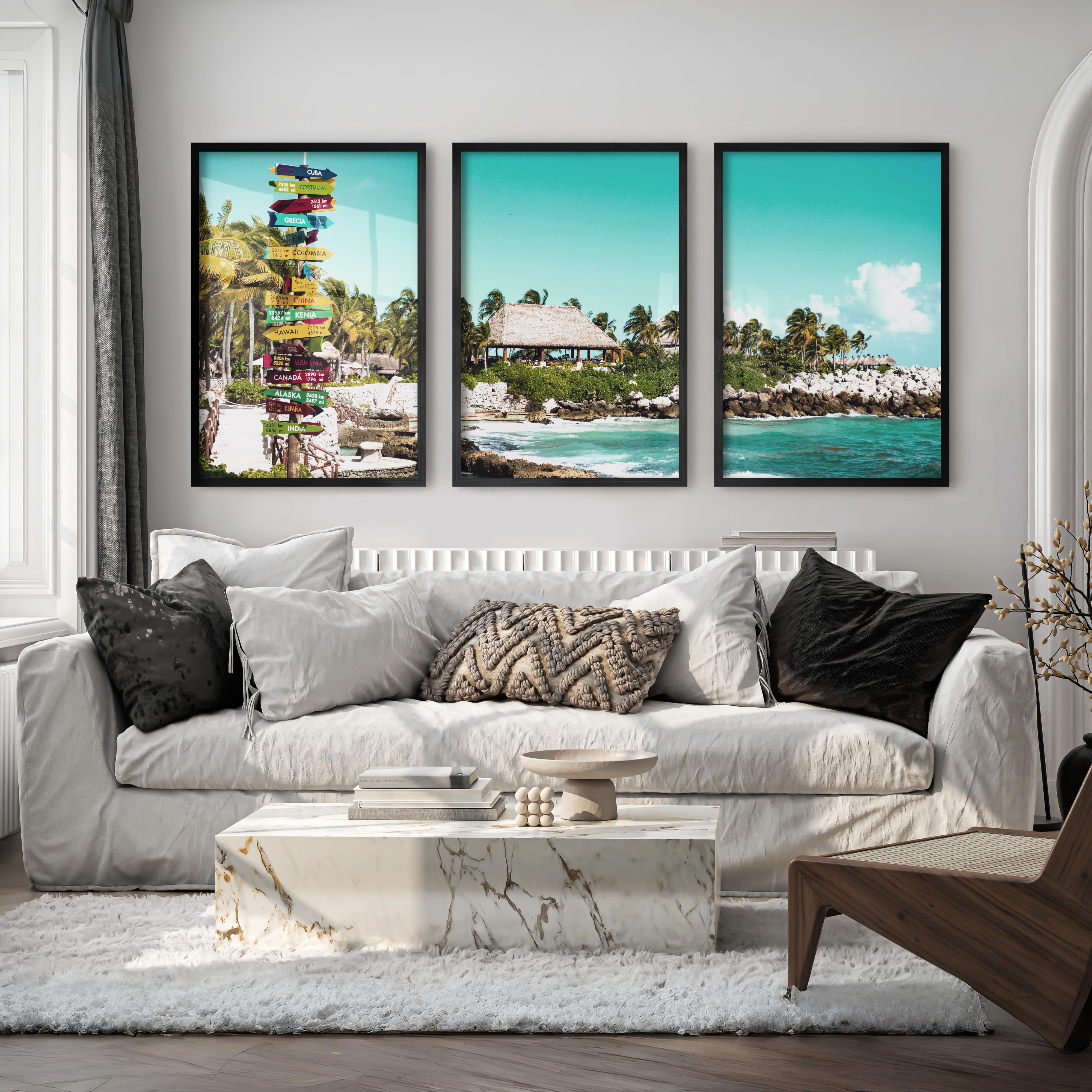 Colorful Signpost sea view wall art at Tropical Shore - Black Framed Poster No Border - Artworksets