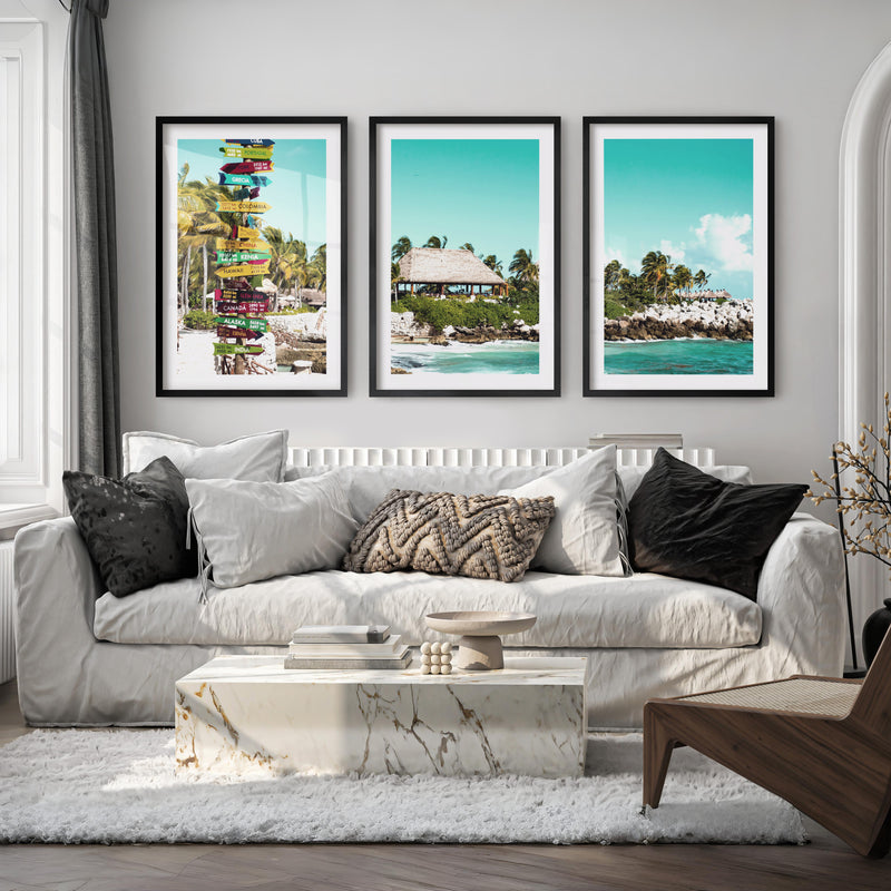 Colorful Signpost sea view wall art at Tropical Shore - Black Framed Poster with White Border - Artworksets