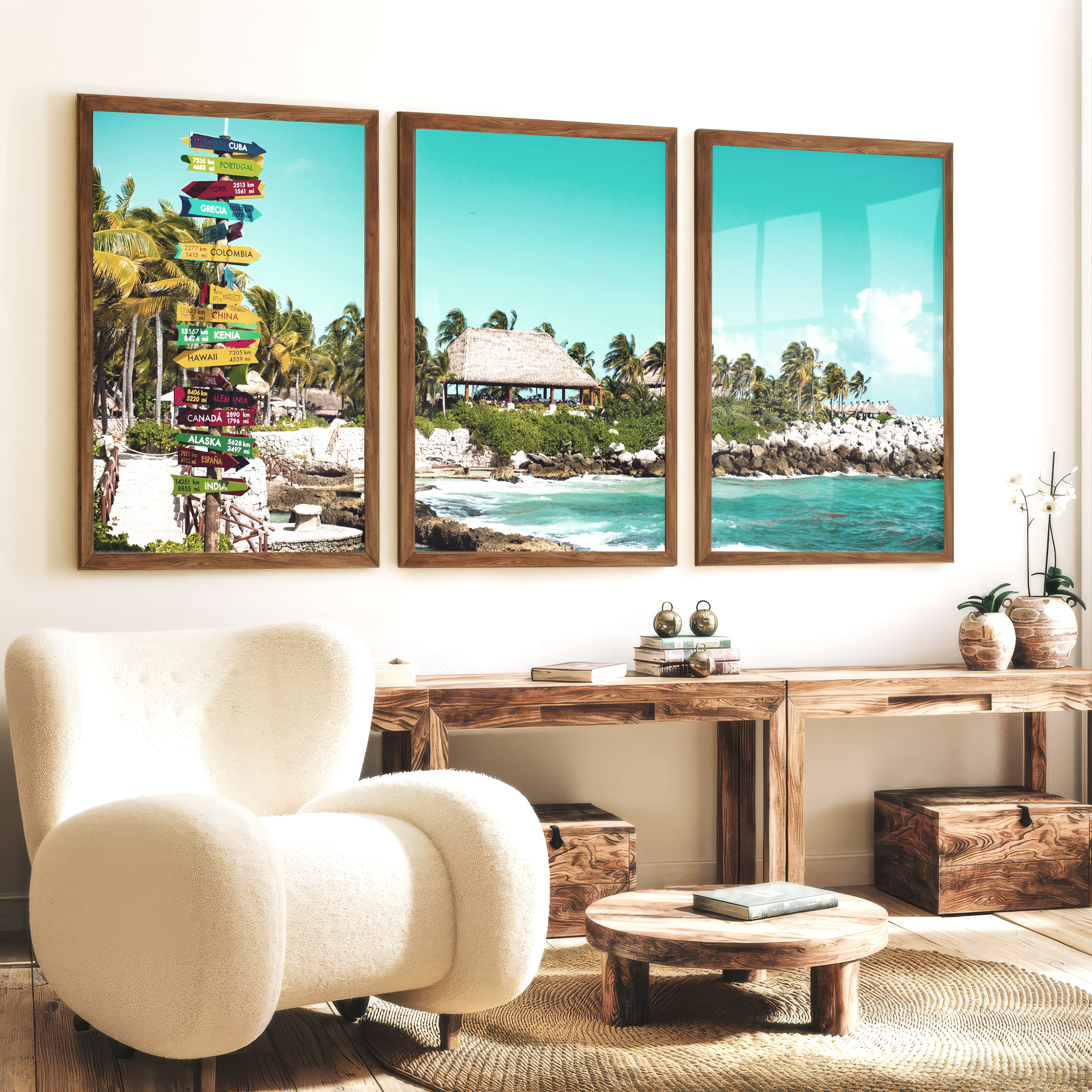 Colorful Signpost sea view wall art at Tropical Shore - Dark Brown Framed Poster No Border - Artworksets