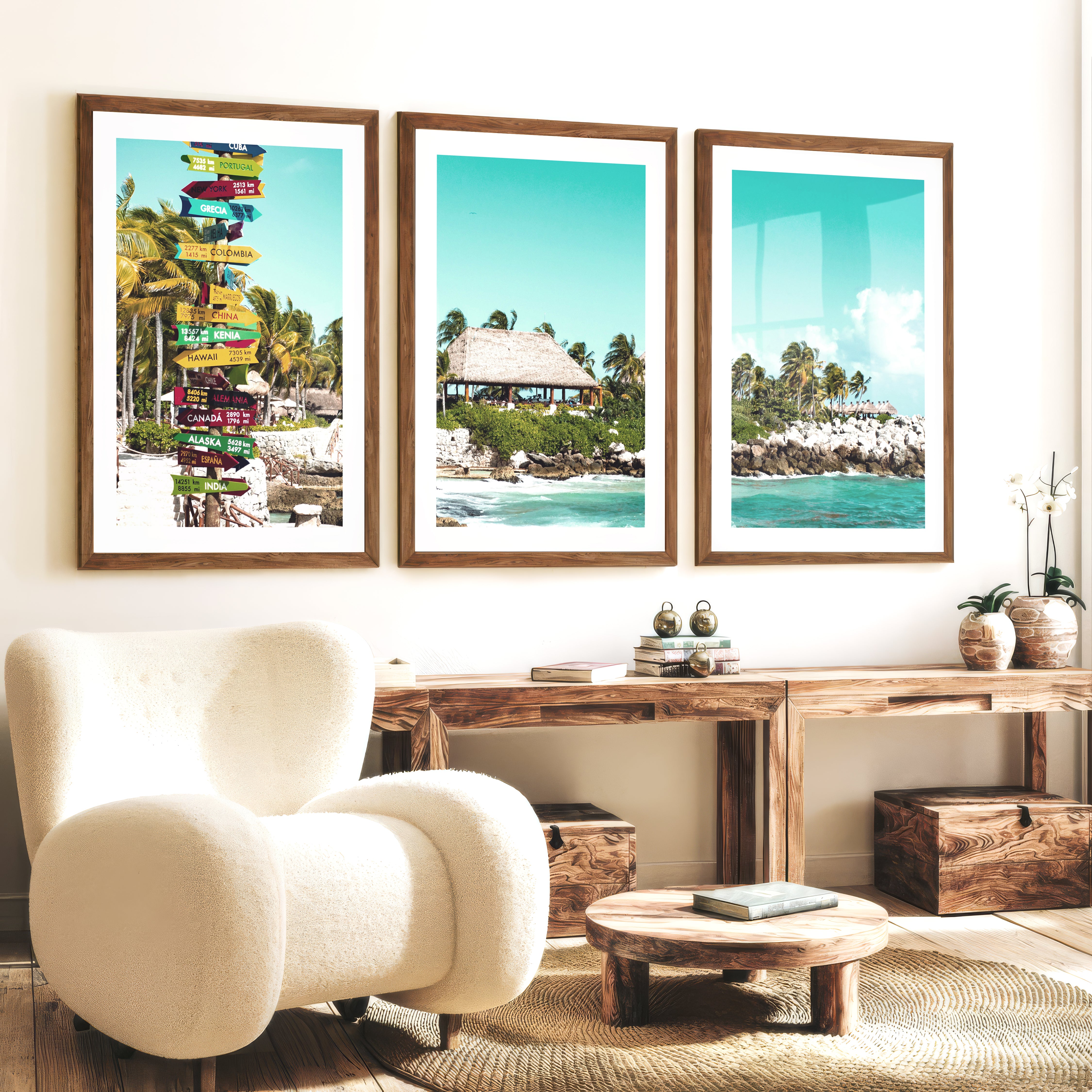Colorful Signpost sea view wall art at Tropical Shore - Dark Brown Framed Poster with White Border - Artworksets