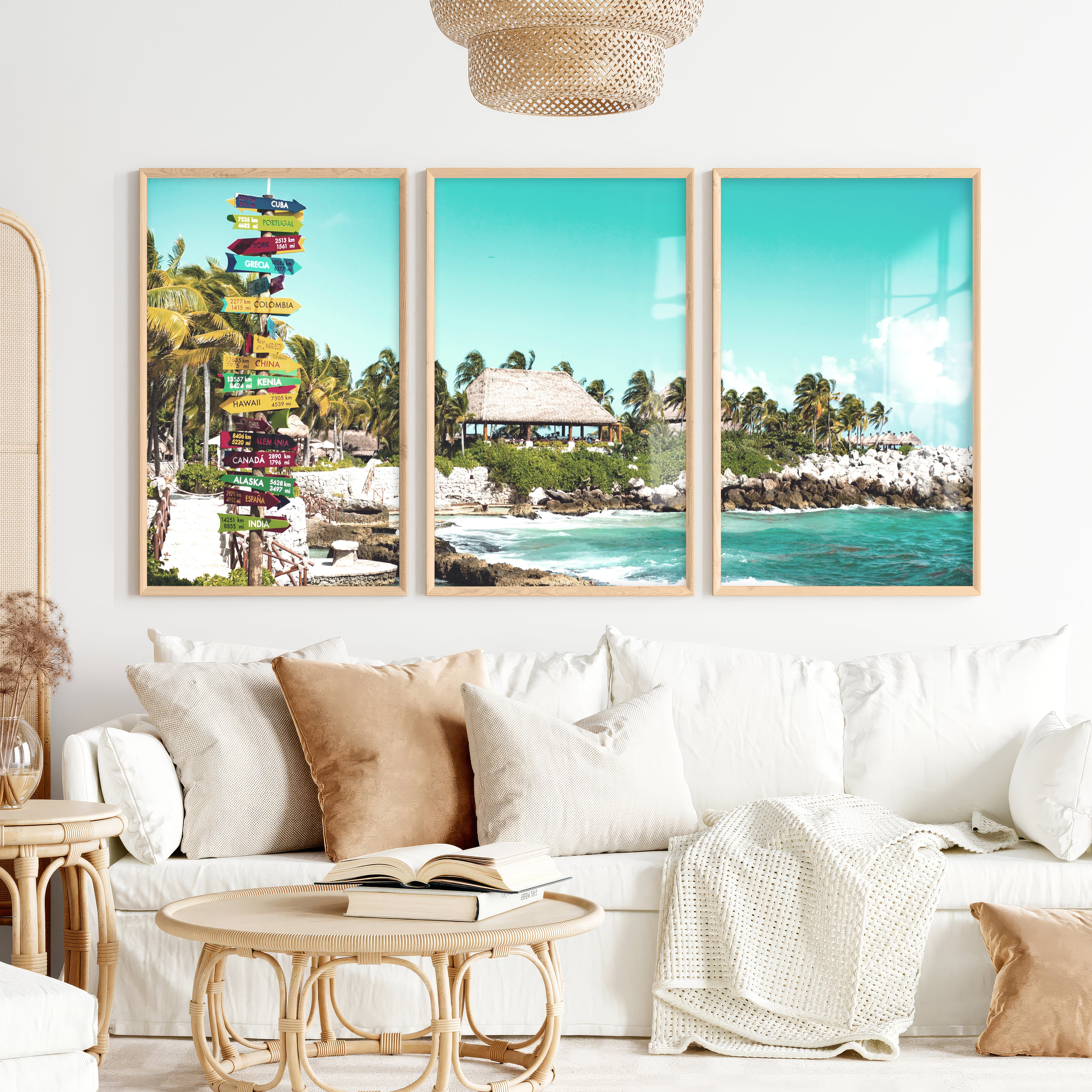 Colorful Signpost sea view wall art at Tropical Shore - Natural Wood Framed Poster No Border - Artworksets