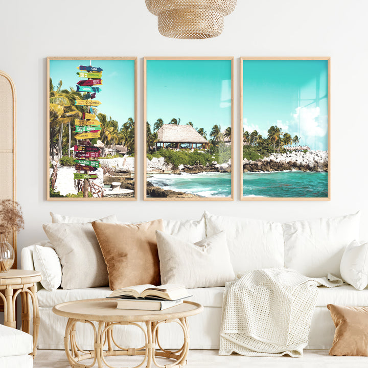 Colorful Signpost sea view wall art at Tropical Shore - Natural Wood Framed Poster No Border - Artworksets