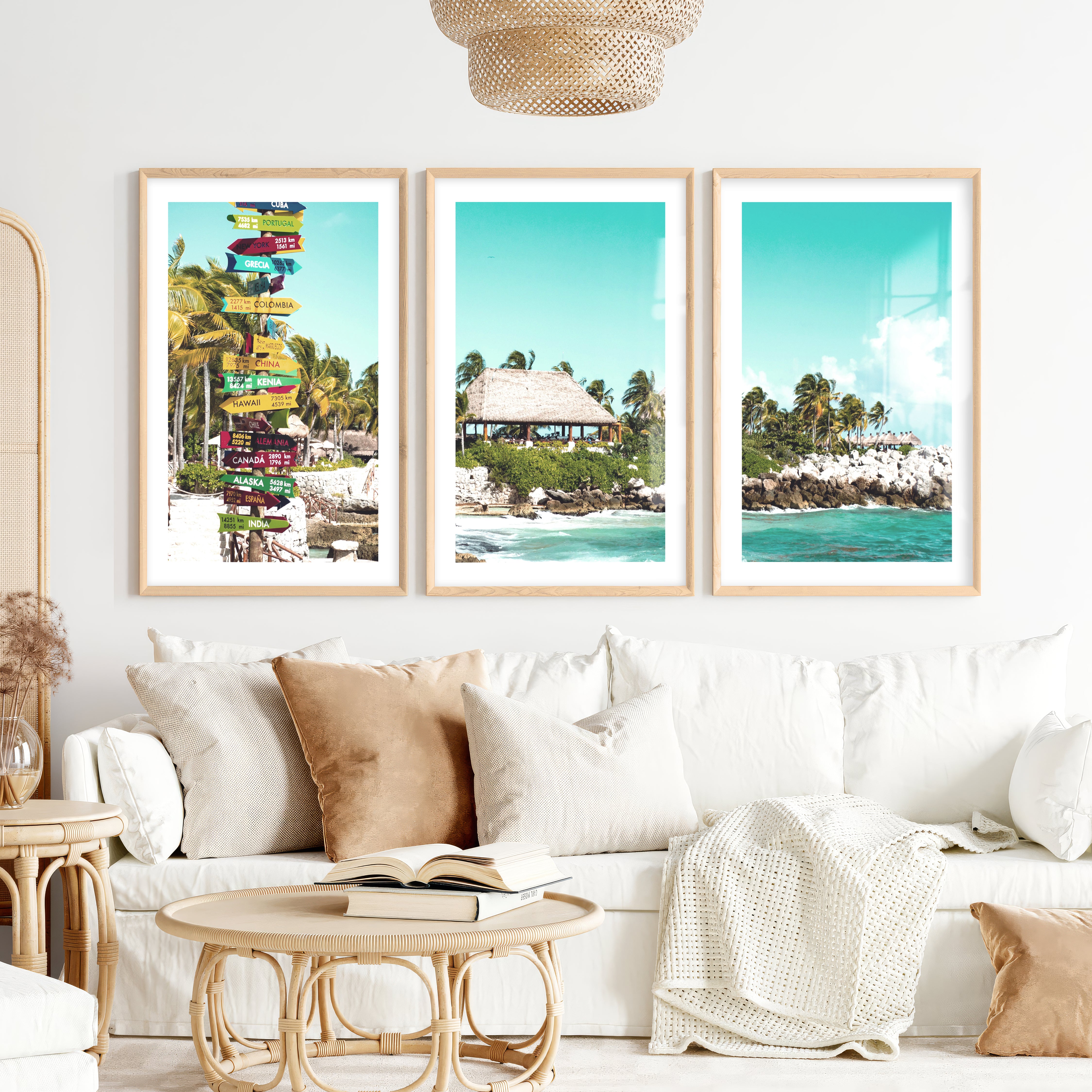 Colorful Signpost sea view wall art at Tropical Shore- Natural Wood Framed Poster with White Border - Artworksets