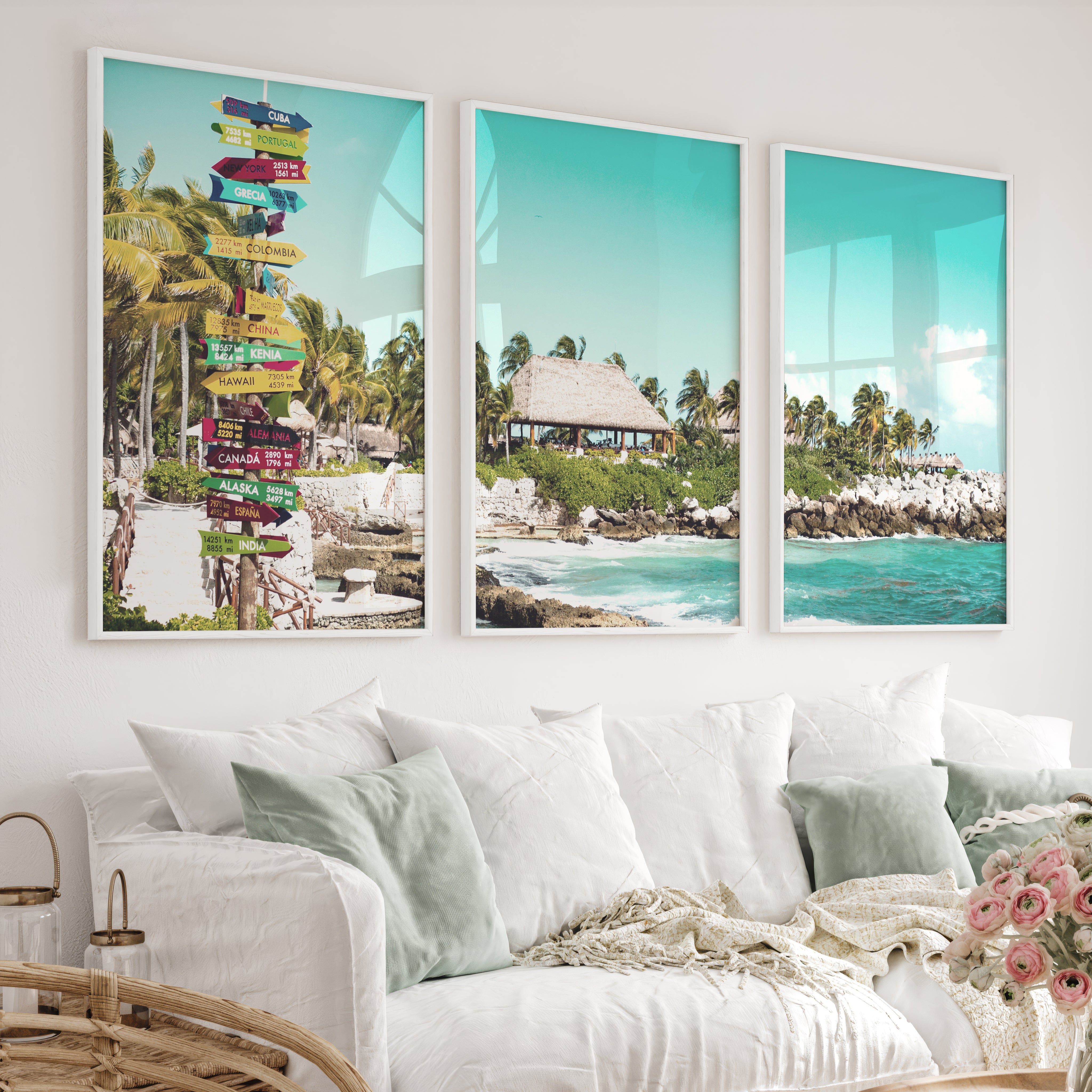 Colorful Signpost sea view wall art at Tropical Shore - White Framed Poster No Border - Artworksets
