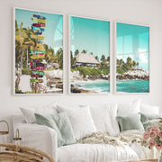 Colorful Signpost sea view wall art at Tropical Shore - White Framed Poster No Border - Artworksets