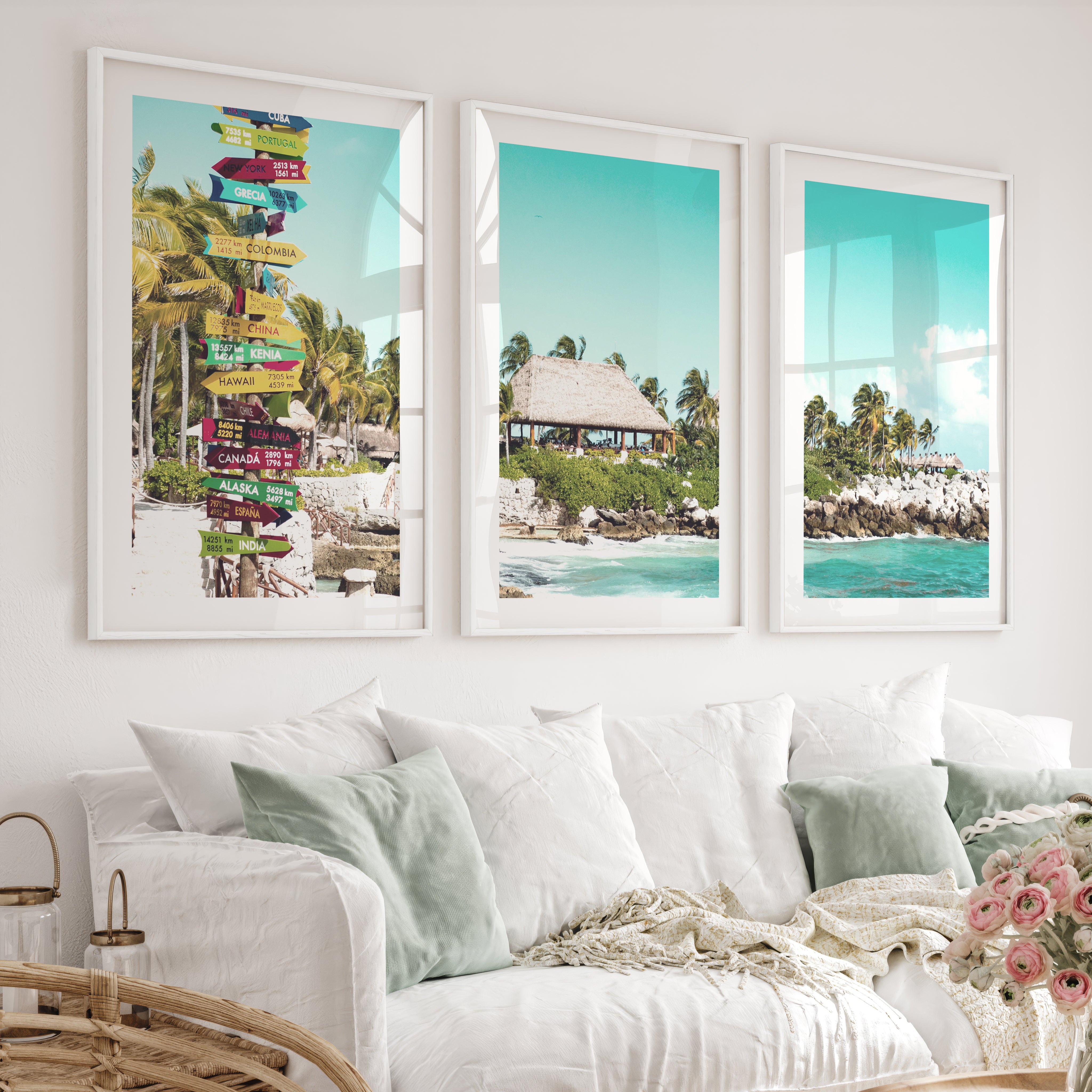 Colorful Signpost sea view wall art at Tropical Shore - White Framed Poster with White Border - Artworksets