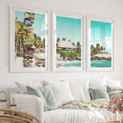 Colorful Signpost sea view wall art at Tropical Shore - White Framed Poster with White Border - Artworksets