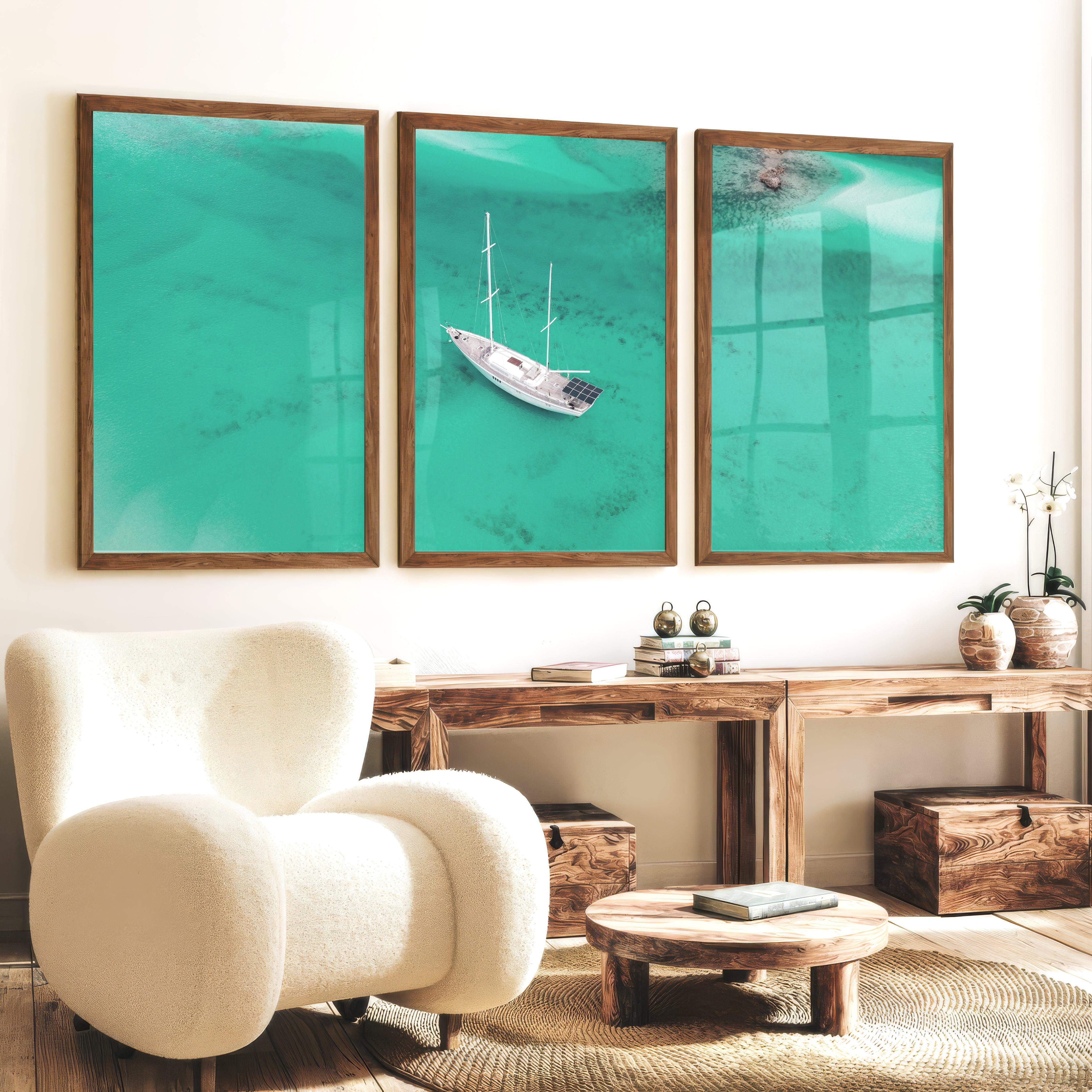Aerial Sailboat sea wall art decor - Dark Brown Framed Poster No Border - Artworksets