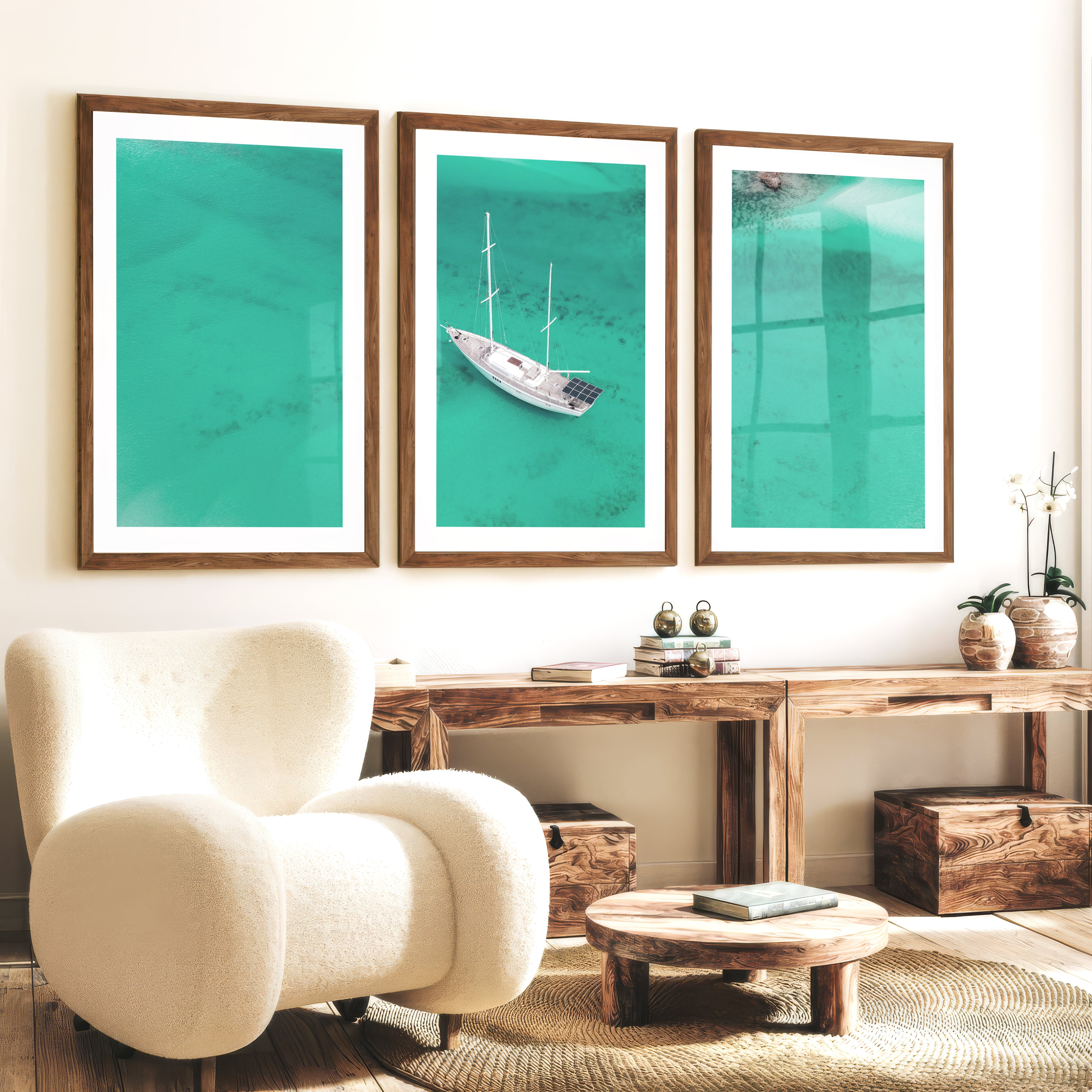 Aerial Sailboat sea wall art decor - Dark Brown Framed Poster with White Border - Artworksets
