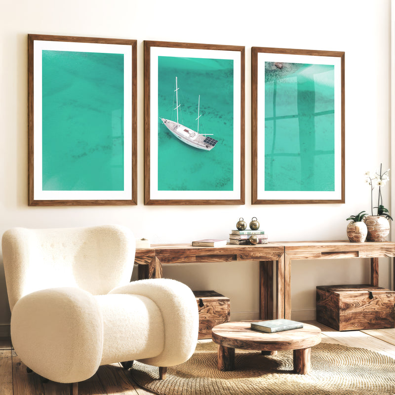 Aerial Sailboat sea wall art decor - Dark Brown Framed Poster with White Border - Artworksets