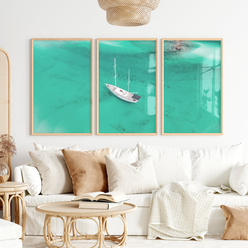 Aerial Sailboat sea wall art decor - Natural Wood Framed Poster No Border - Artworksets