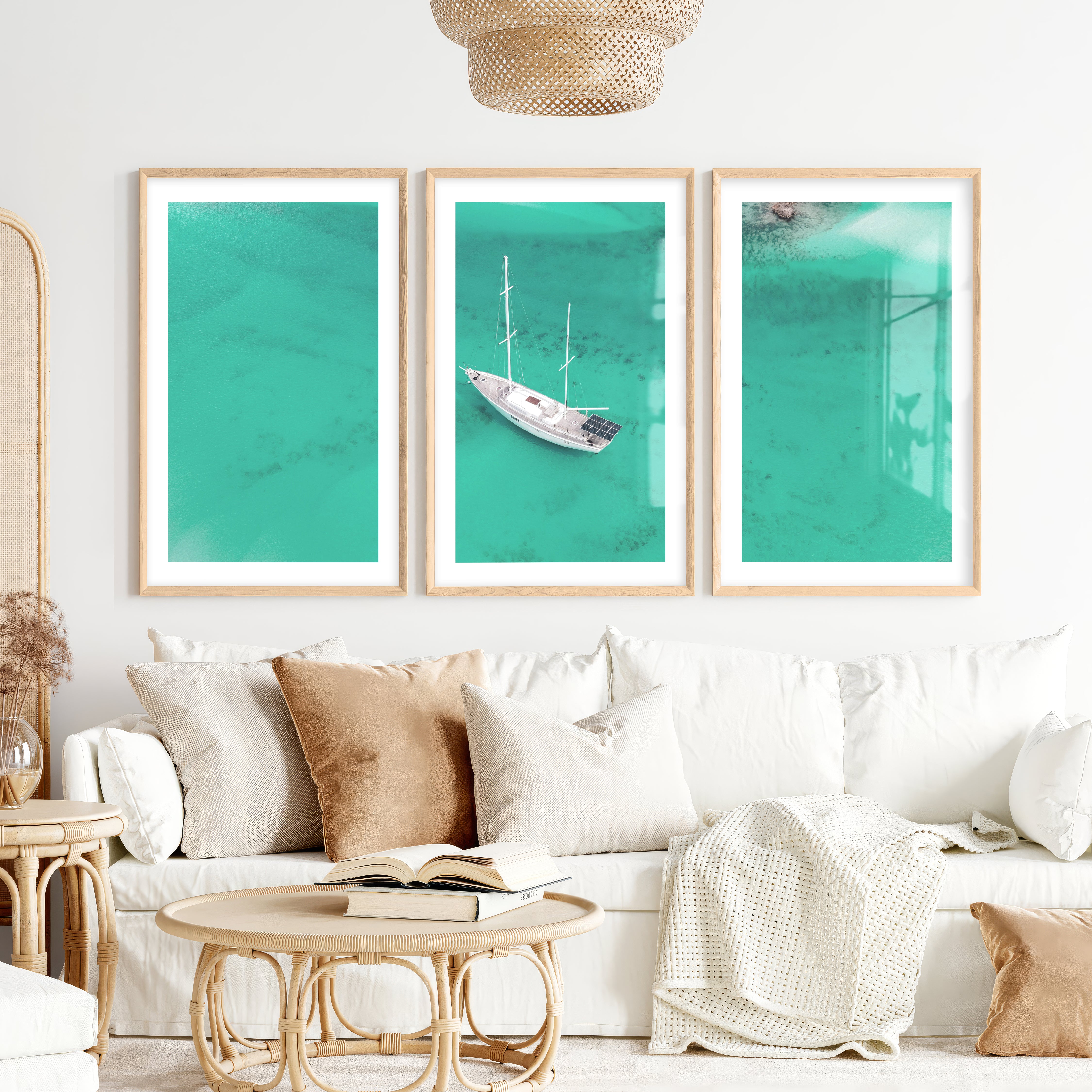 Aerial Sailboat sea wall art decor- Natural Wood Framed Poster with White Border - Artworksets
