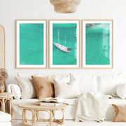 Aerial Sailboat sea wall art decor- Natural Wood Framed Poster with White Border - Artworksets