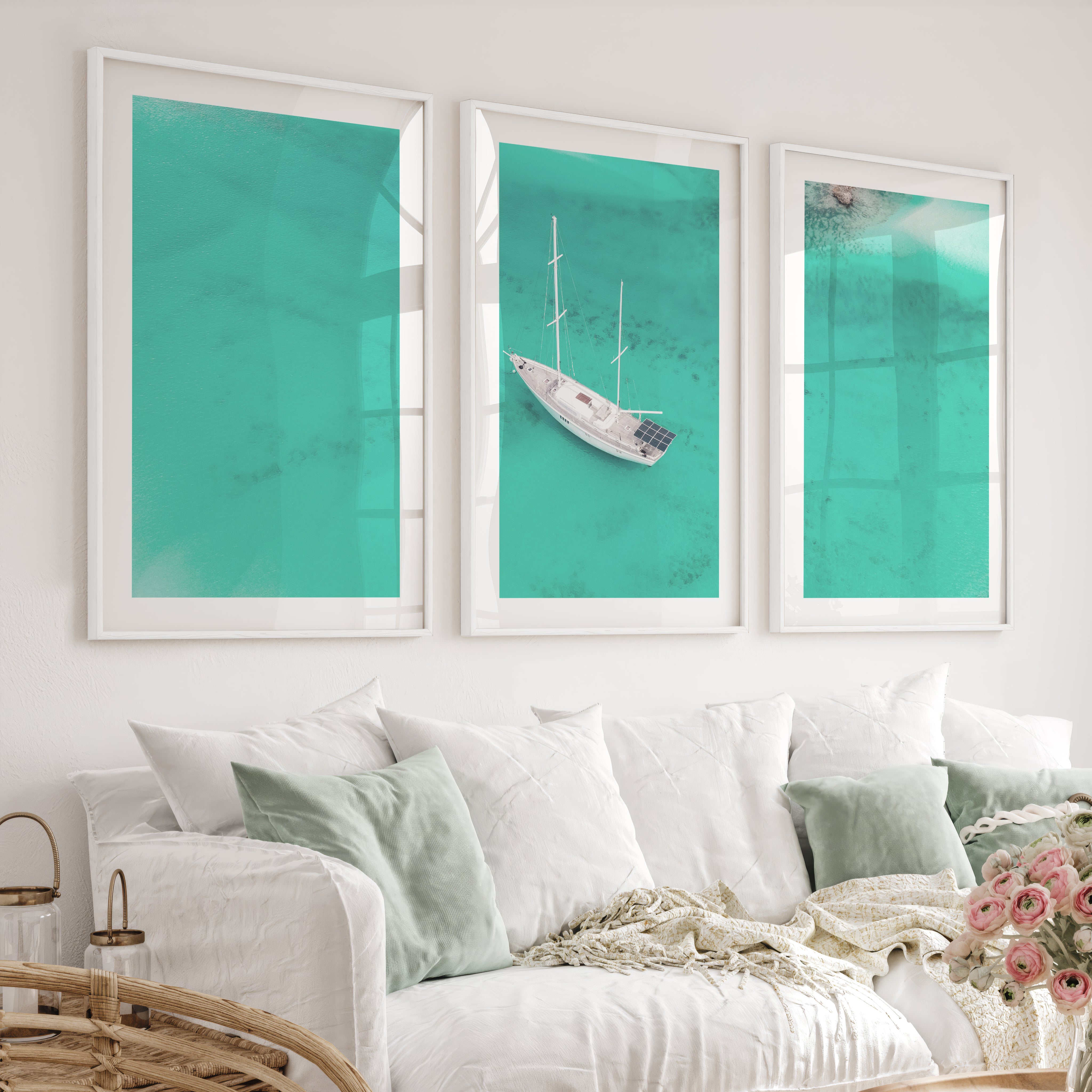 Aerial Sailboat sea wall art decor - White Framed Poster with White Border - Artworksets