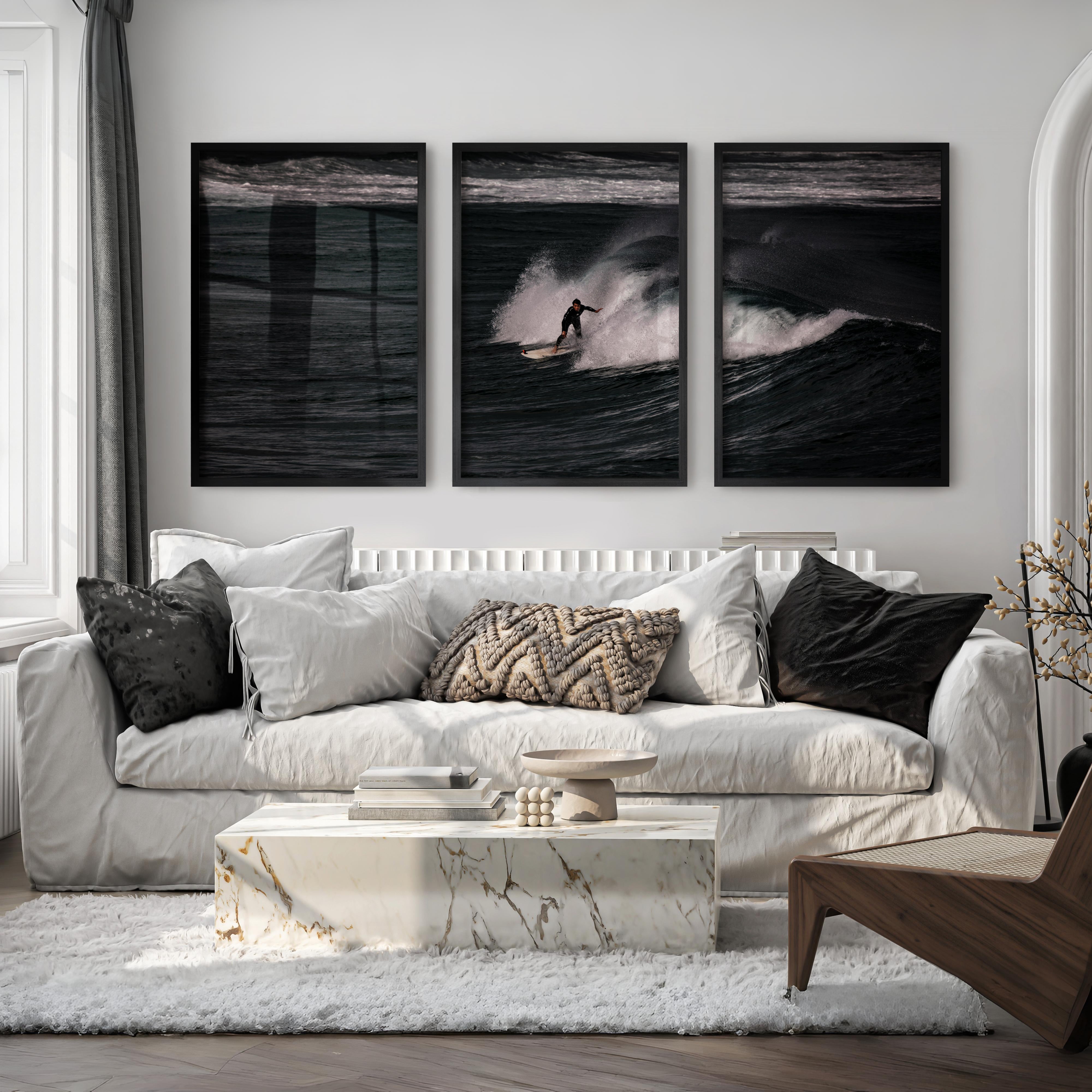 Dark Wave Surfer sea wall art decor - Black Framed Poster No Border - Artworksets