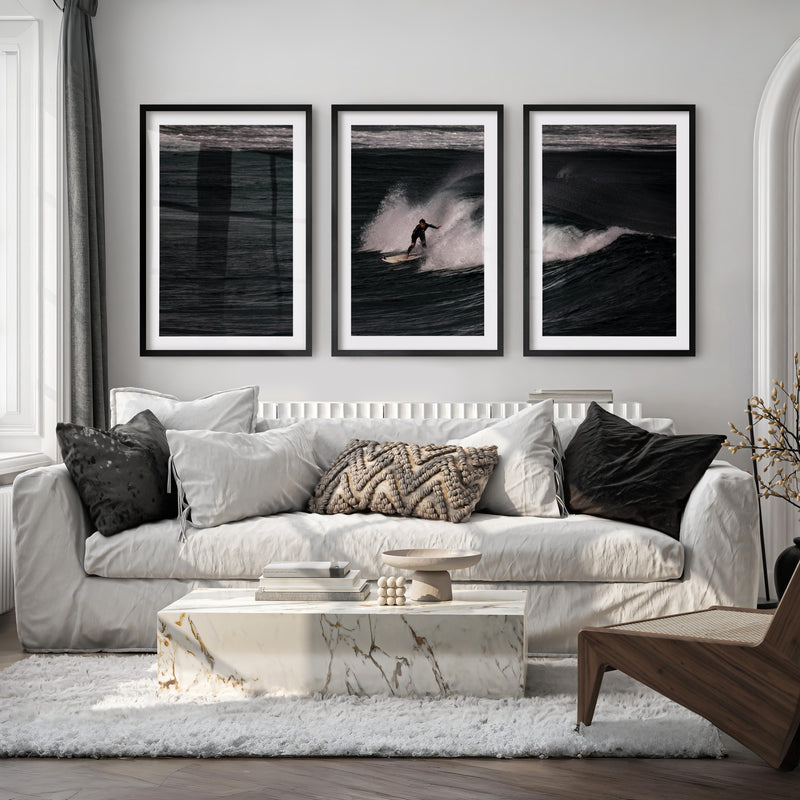Dark Wave Surfer sea wall art decor - Black Framed Poster with White Border - Artworksets