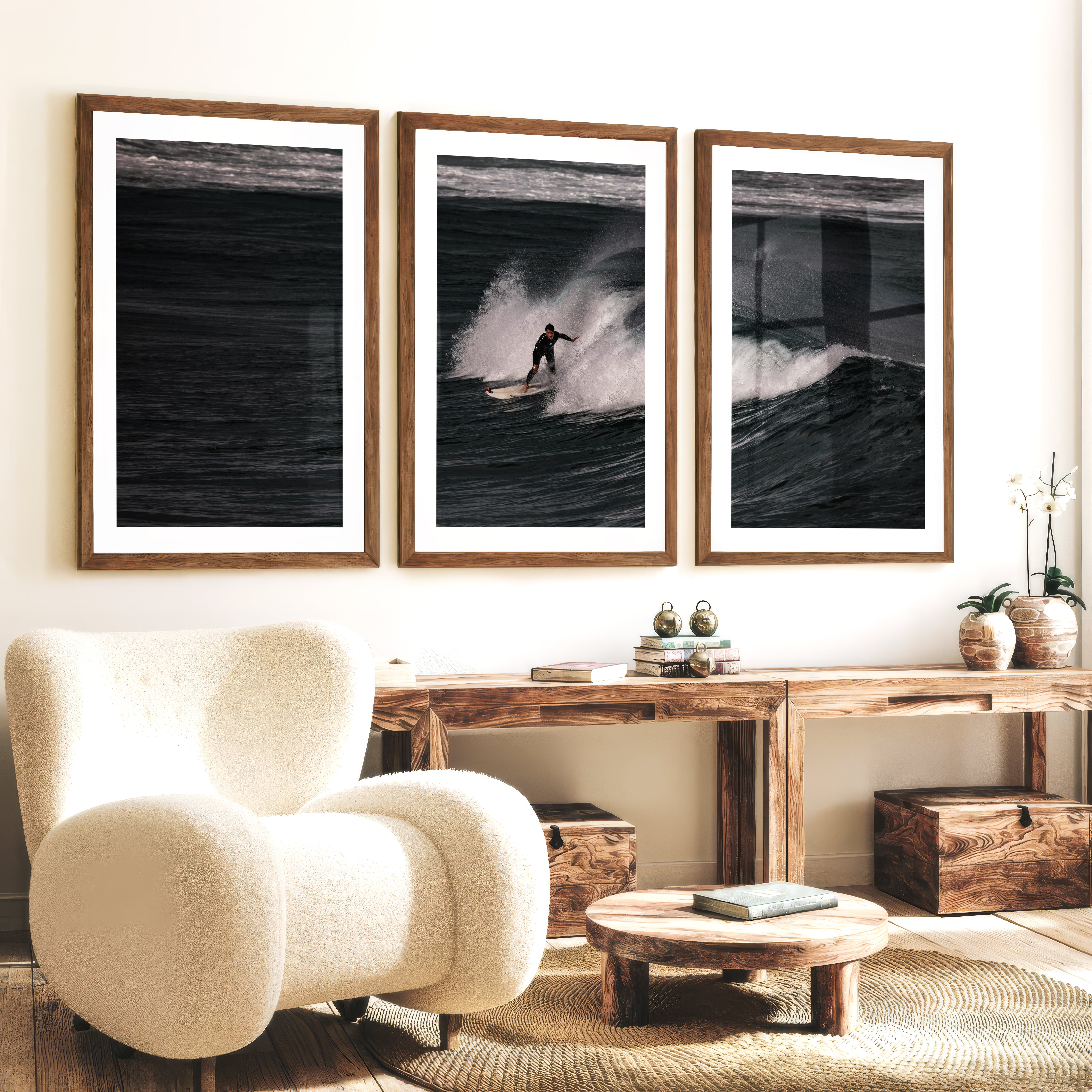 Dark Wave Surfer sea wall art decor - Dark Brown Framed Poster with White Border - Artworksets