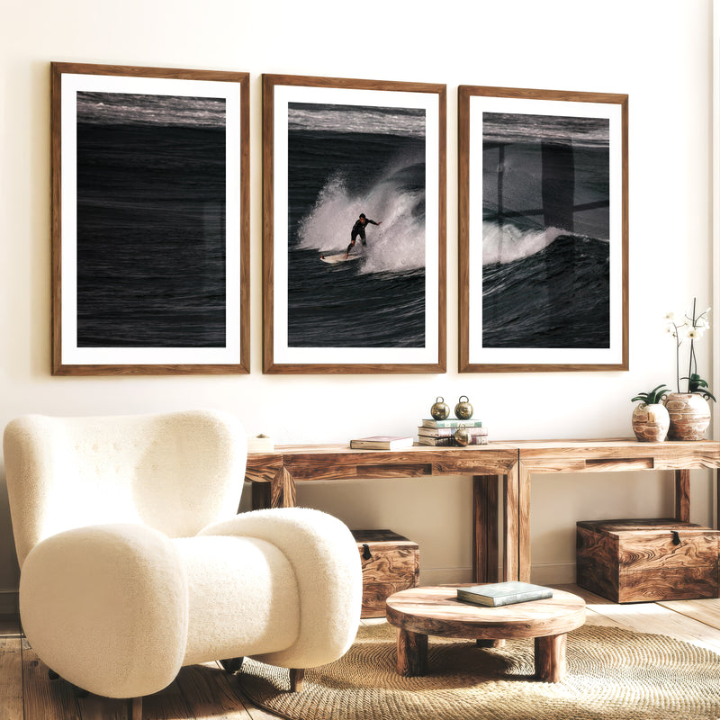 Dark Wave Surfer sea wall art decor - Dark Brown Framed Poster with White Border - Artworksets