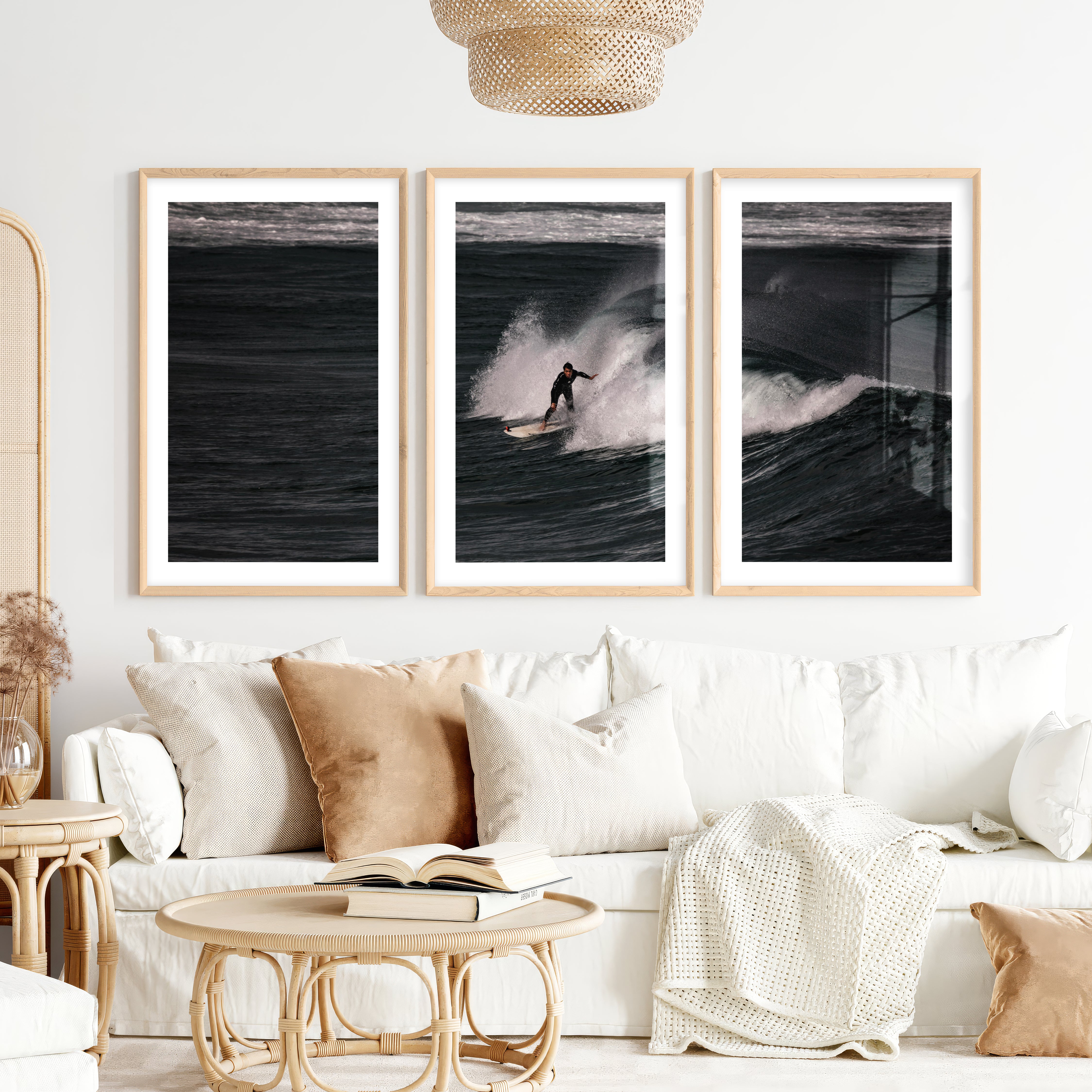 Dark Wave Surfer sea wall art decor- Natural Wood Framed Poster with White Border - Artworksets