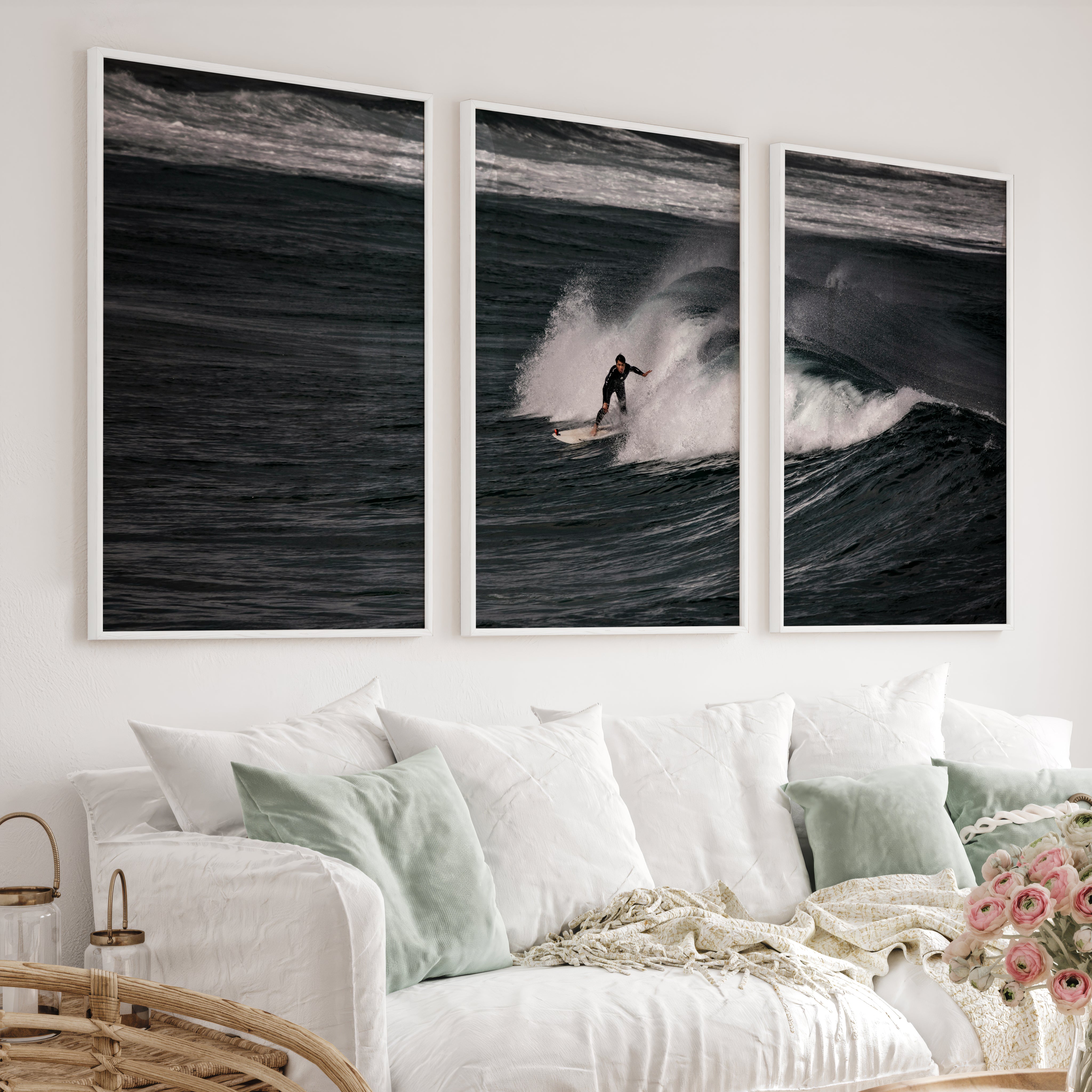 Dark Wave Surfer sea wall art decor - White Framed Poster No Border - Artworksets