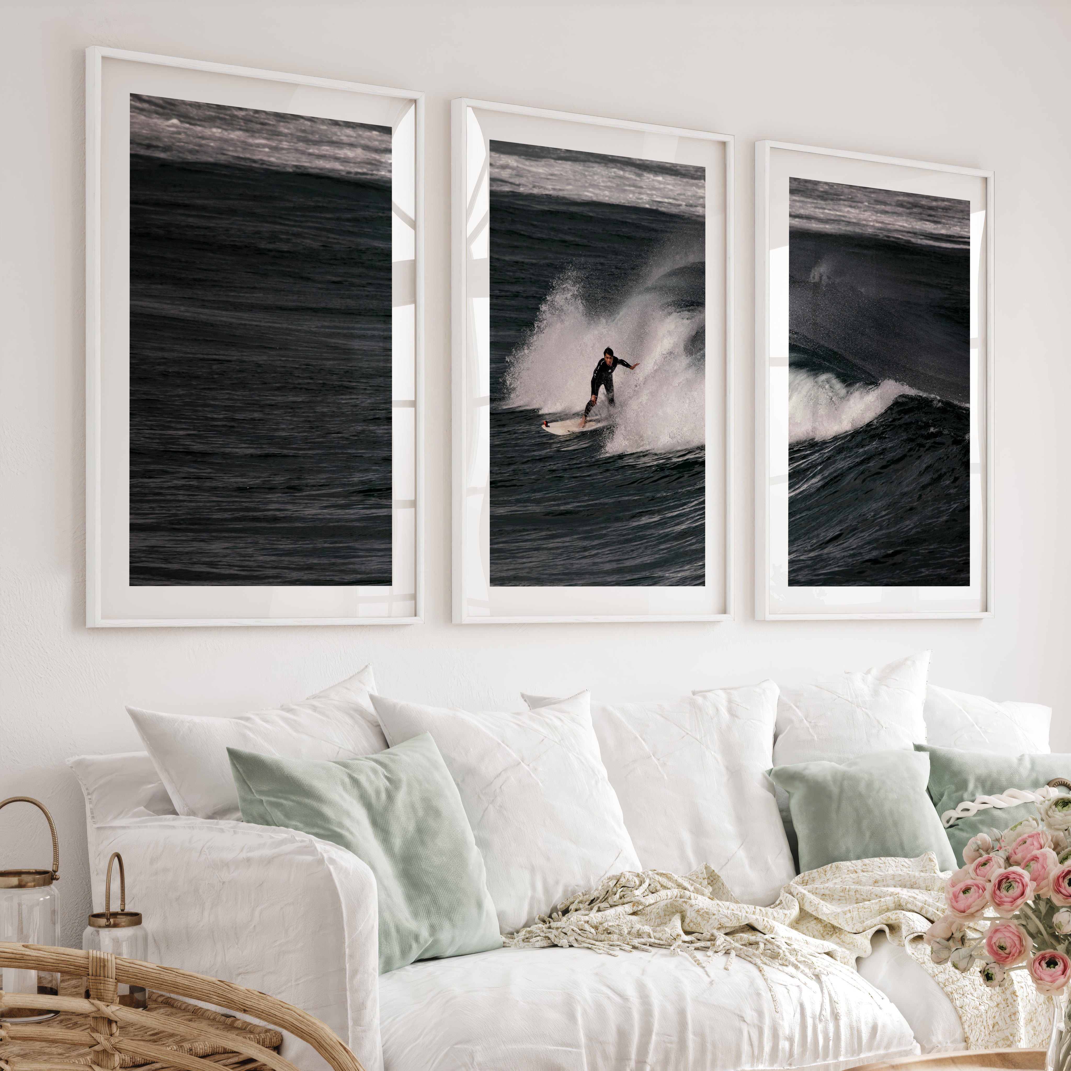 Dark Wave Surfer sea wall art decor - White Framed Poster with White Border - Artworksets