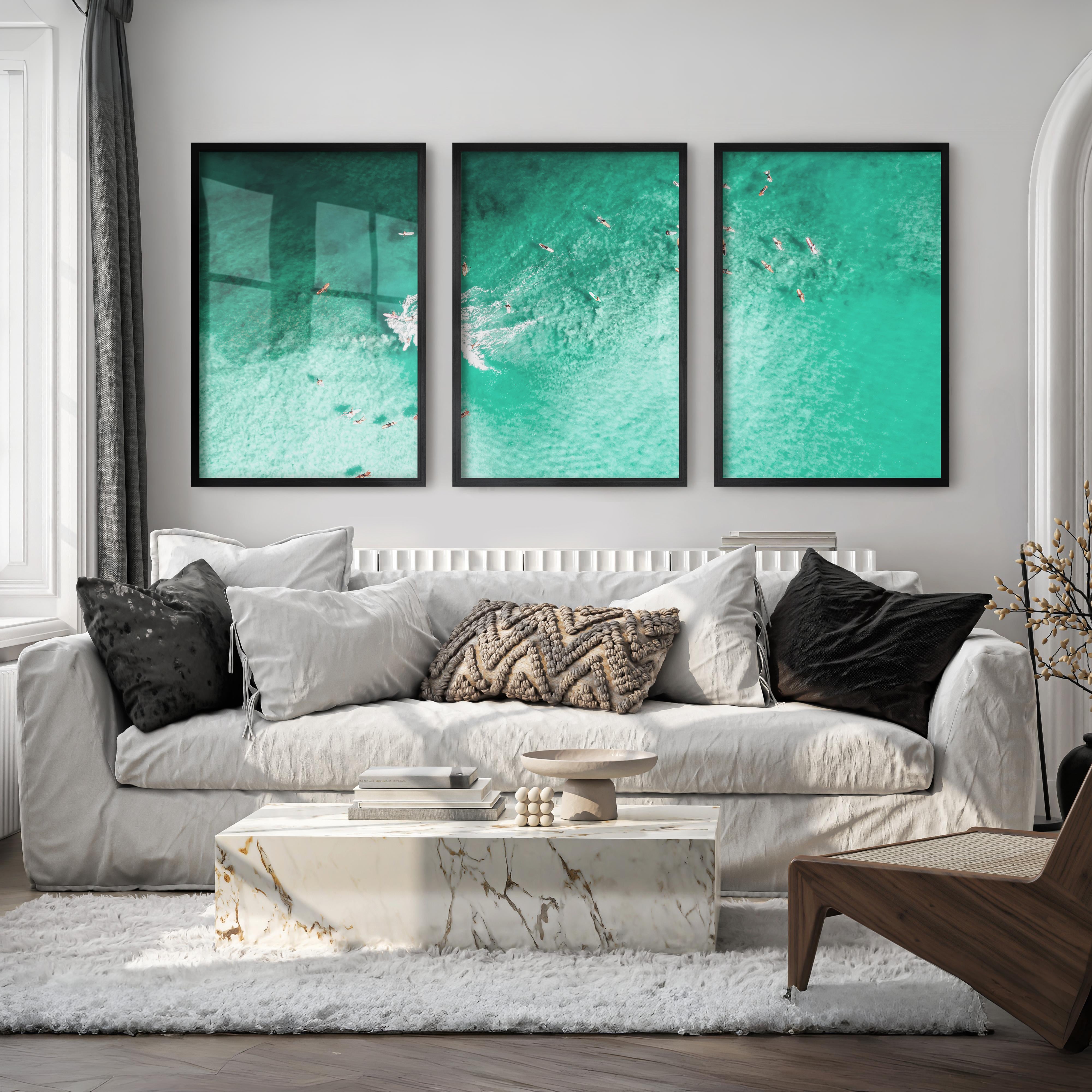 Aerial Surfers Sea Wall Art Decor - Black Framed Poster No Border - Artworksets