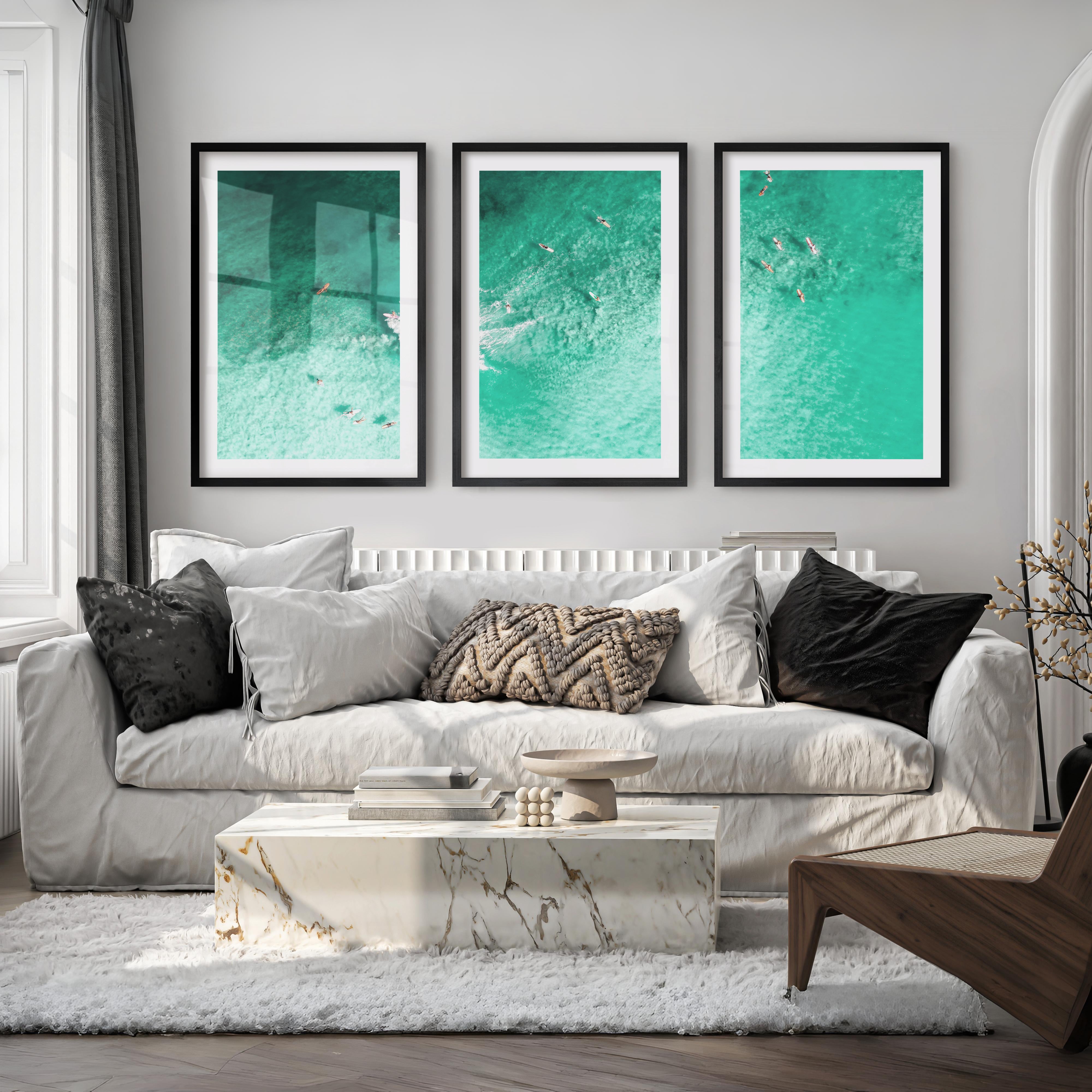 Aerial Surfers Sea Wall Art Decor - Black Framed Poster with White Border - Artworksets