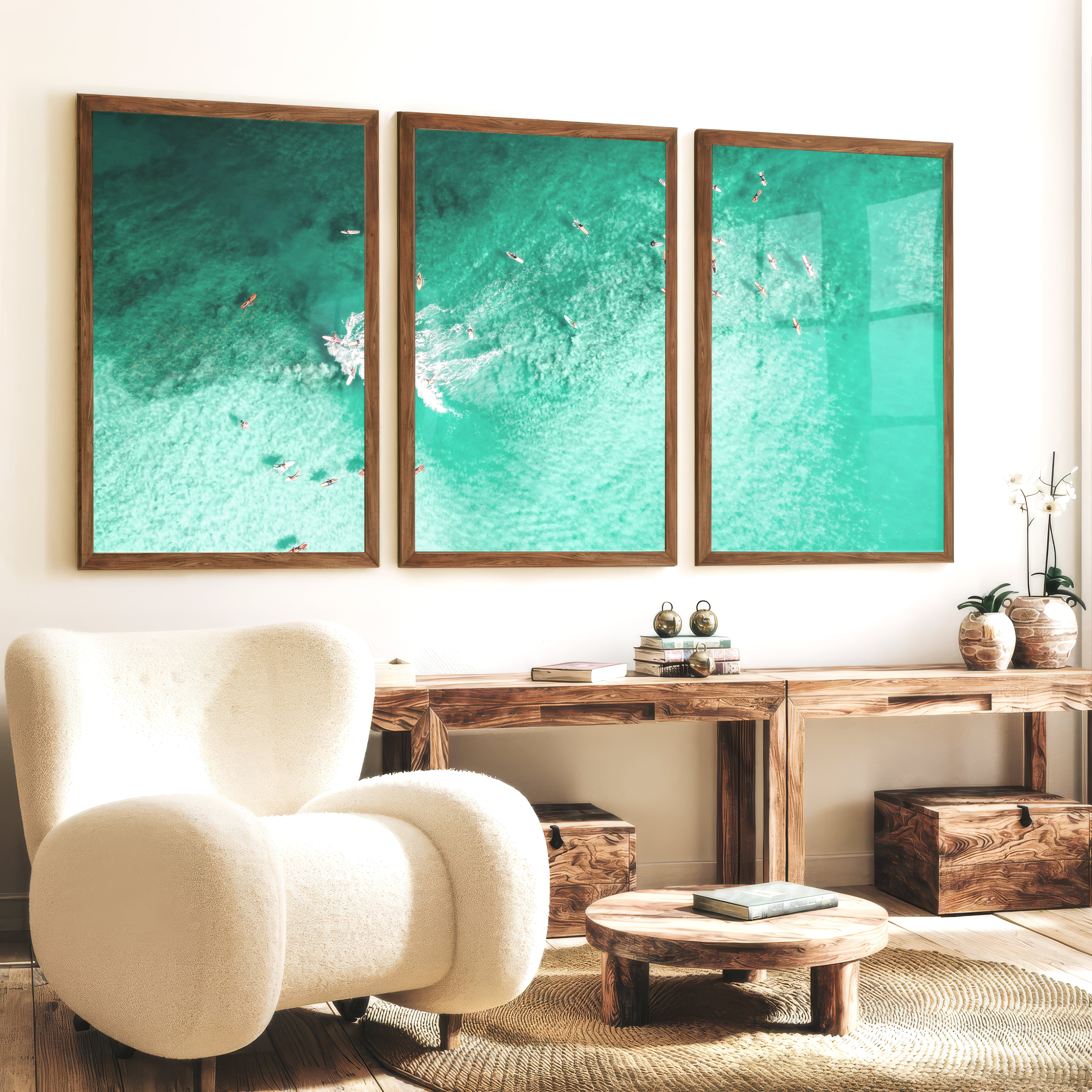 Aerial Surfers Sea Wall Art Decor - Dark Brown Framed Poster No Border - Artworksets