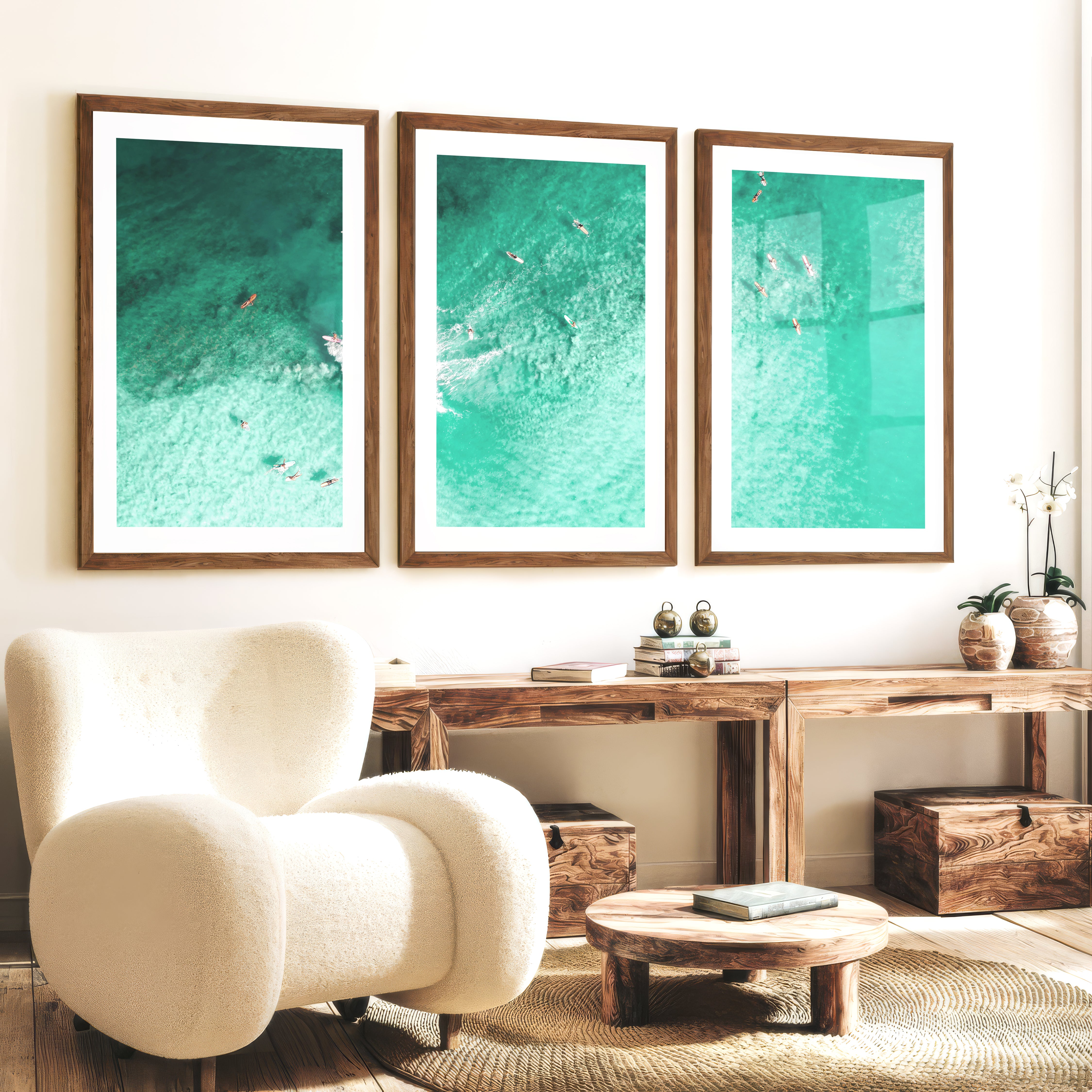 Aerial Surfers Sea Wall Art Decor - Dark Brown Framed Poster with White Border - Artworksets