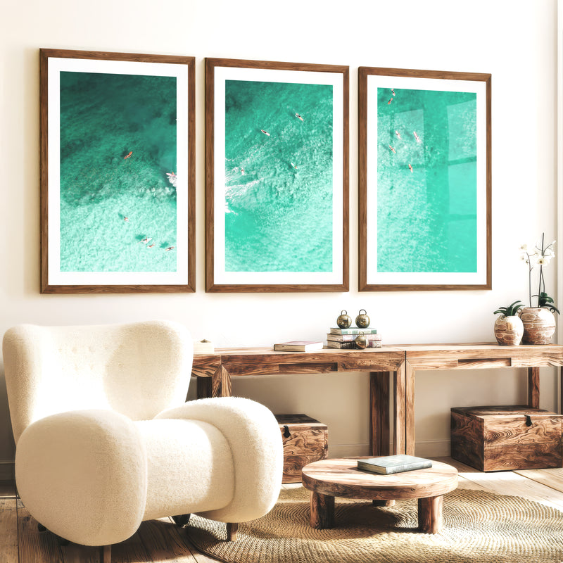 Aerial Surfers Sea Wall Art Decor - Dark Brown Framed Poster with White Border - Artworksets