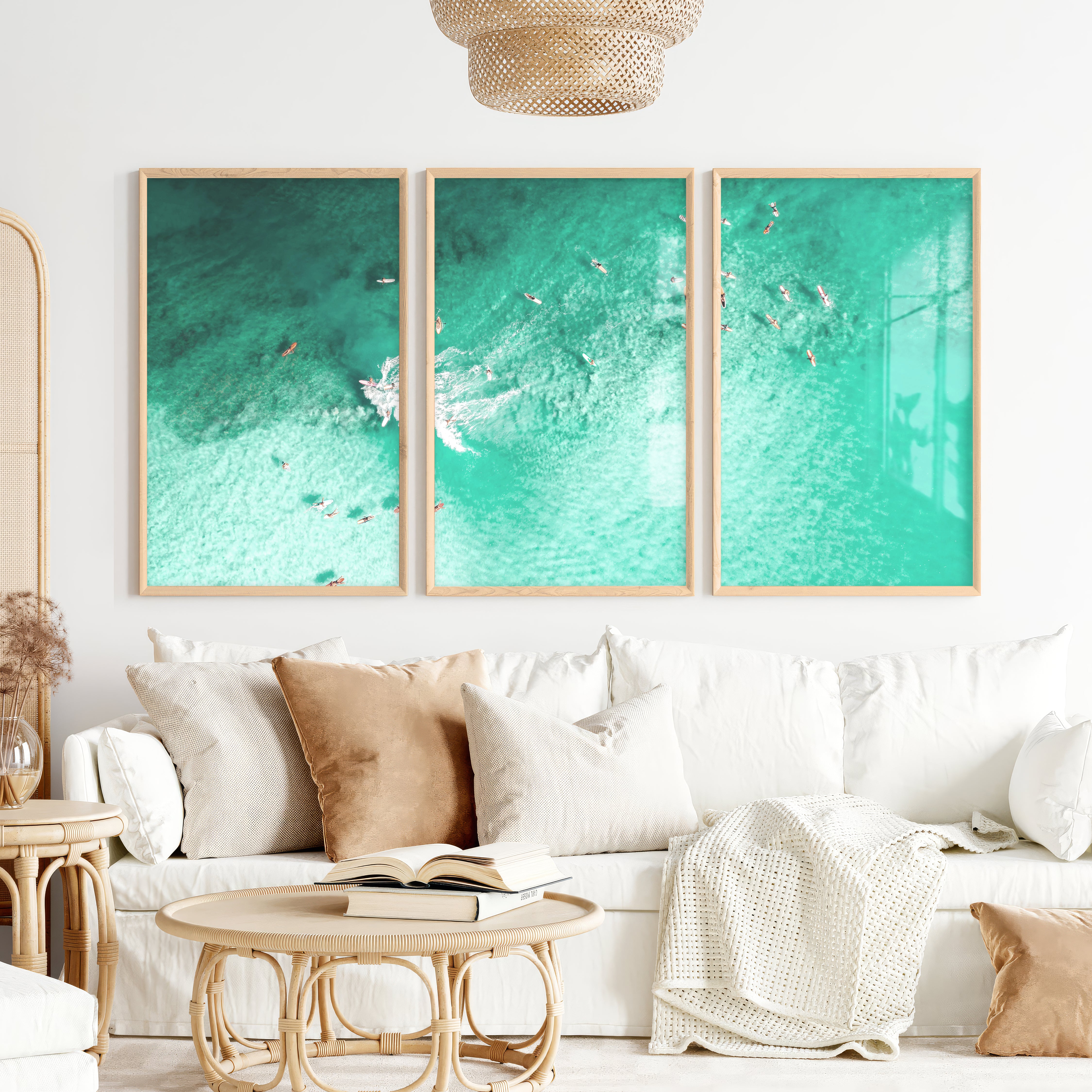 Aerial Surfers Sea Wall Art Decor - Natural Wood Framed Poster No Border - Artworksets