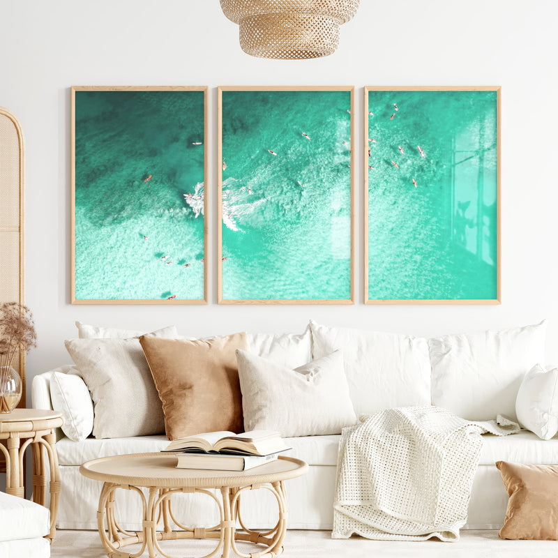 Aerial Surfers Sea Wall Art Decor - Natural Wood Framed Poster No Border - Artworksets