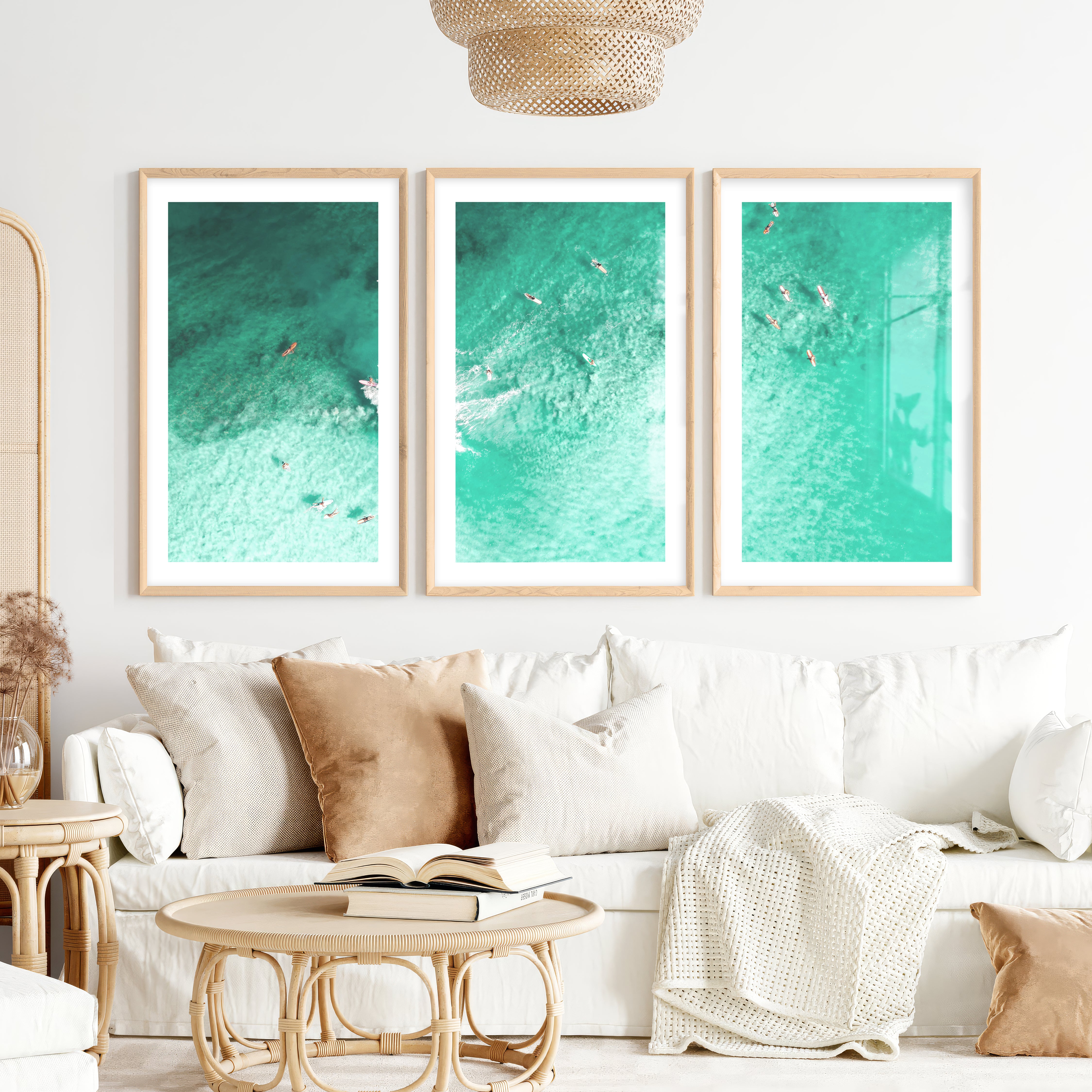 Aerial Surfers Sea Wall Art Decor- Natural Wood Framed Poster with White Border - Artworksets