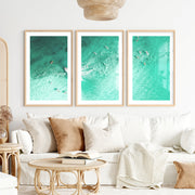 Aerial Surfers Sea Wall Art Decor- Natural Wood Framed Poster with White Border - Artworksets