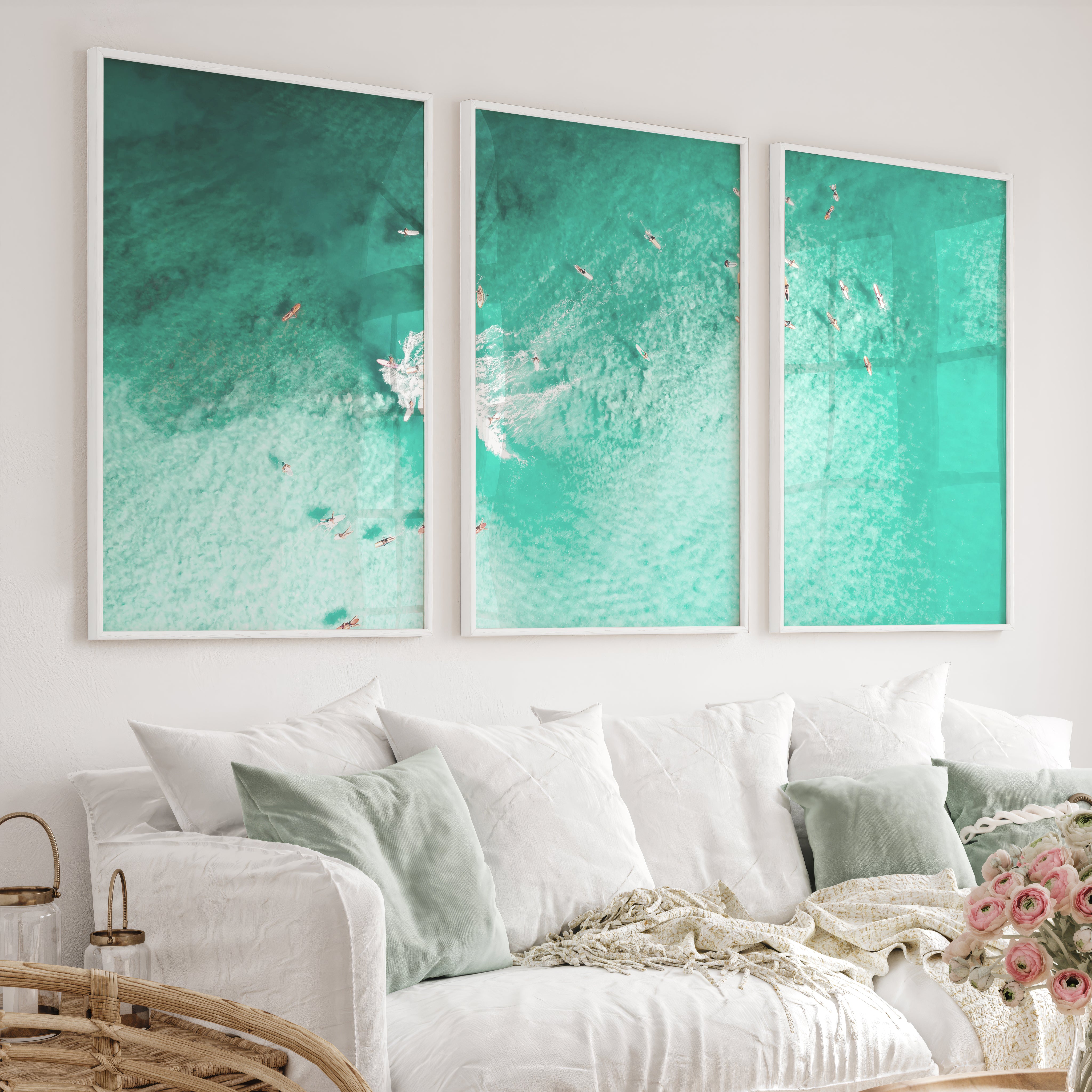 Aerial Surfers Sea Wall Art Decor - White Framed Poster No Border - Artworksets