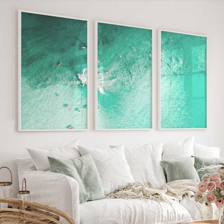 Aerial Surfers Sea Wall Art Decor - White Framed Poster No Border - Artworksets