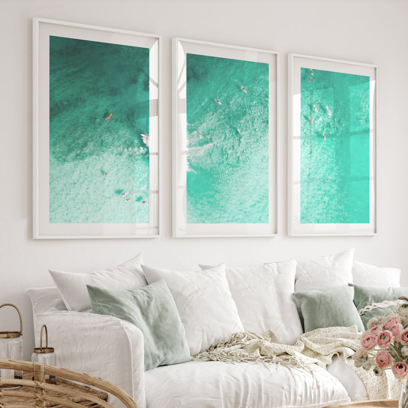 Aerial Surfers Sea Wall Art Decor - White Framed Poster with White Border - Artworksets