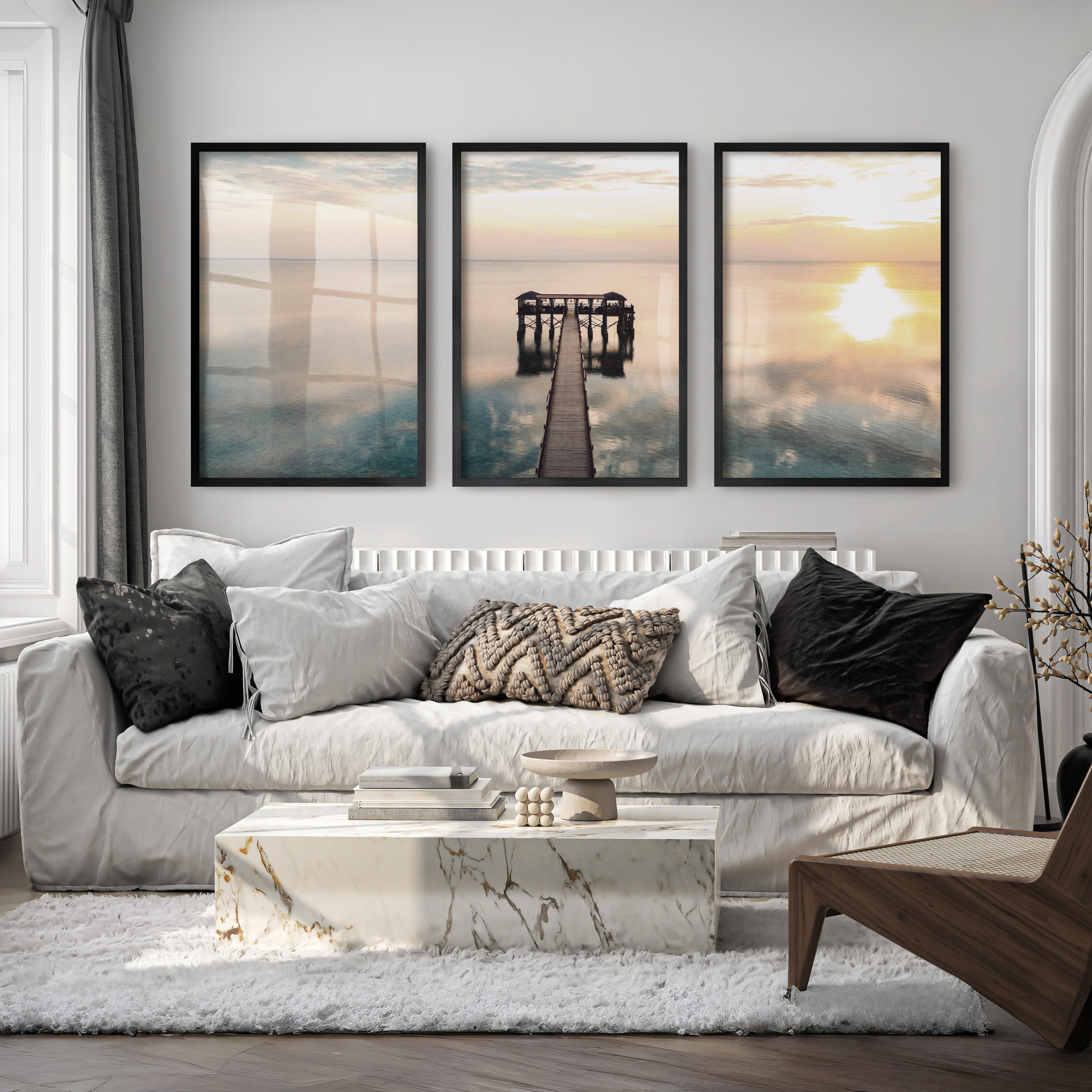 Sunset Pier sea wall art - Black Framed Poster No Border - Artworksets