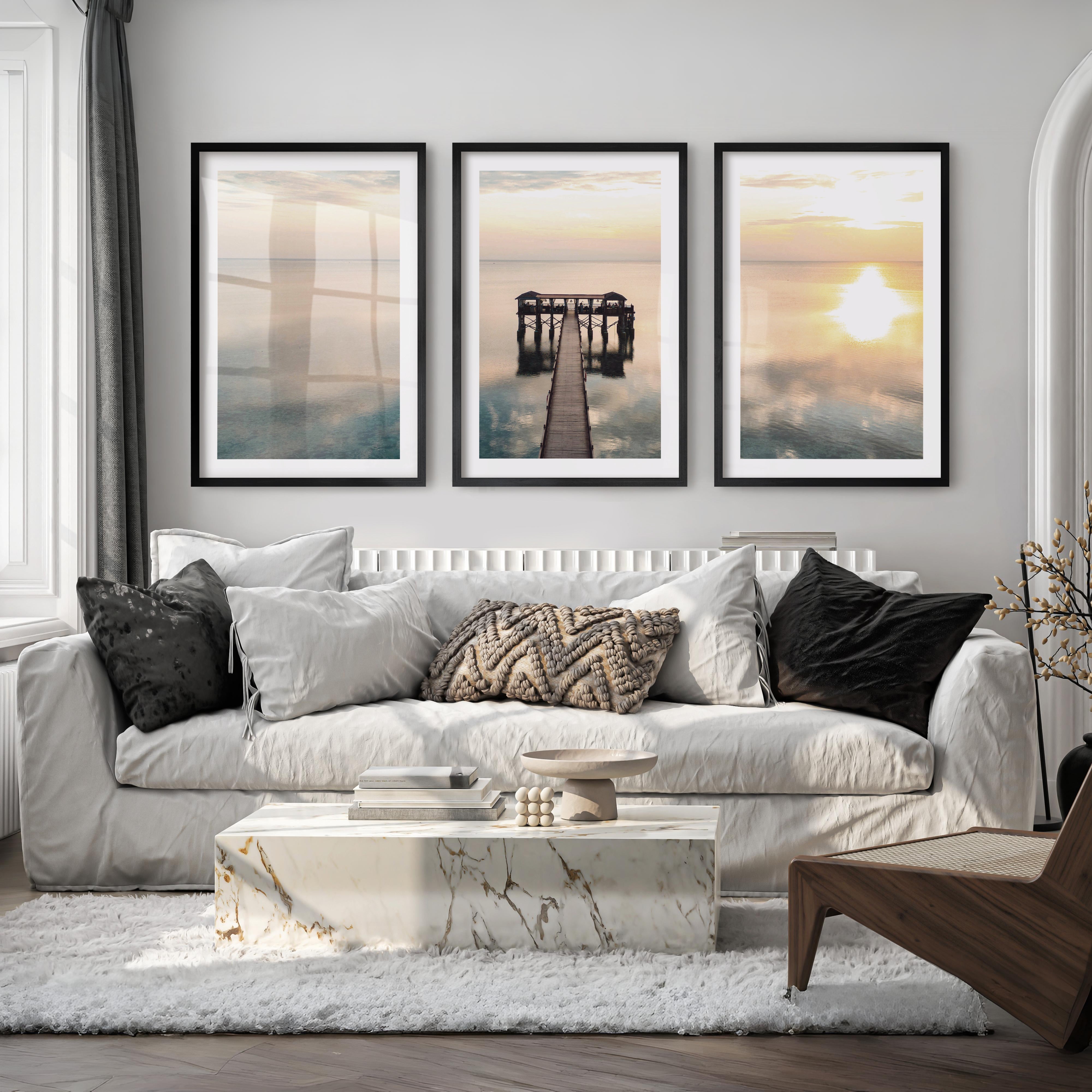 Sunset Pier sea wall art - Black Framed Poster with White Border - Artworksets