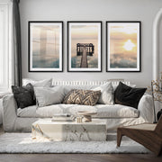 Sunset Pier sea wall art - Black Framed Poster with White Border - Artworksets