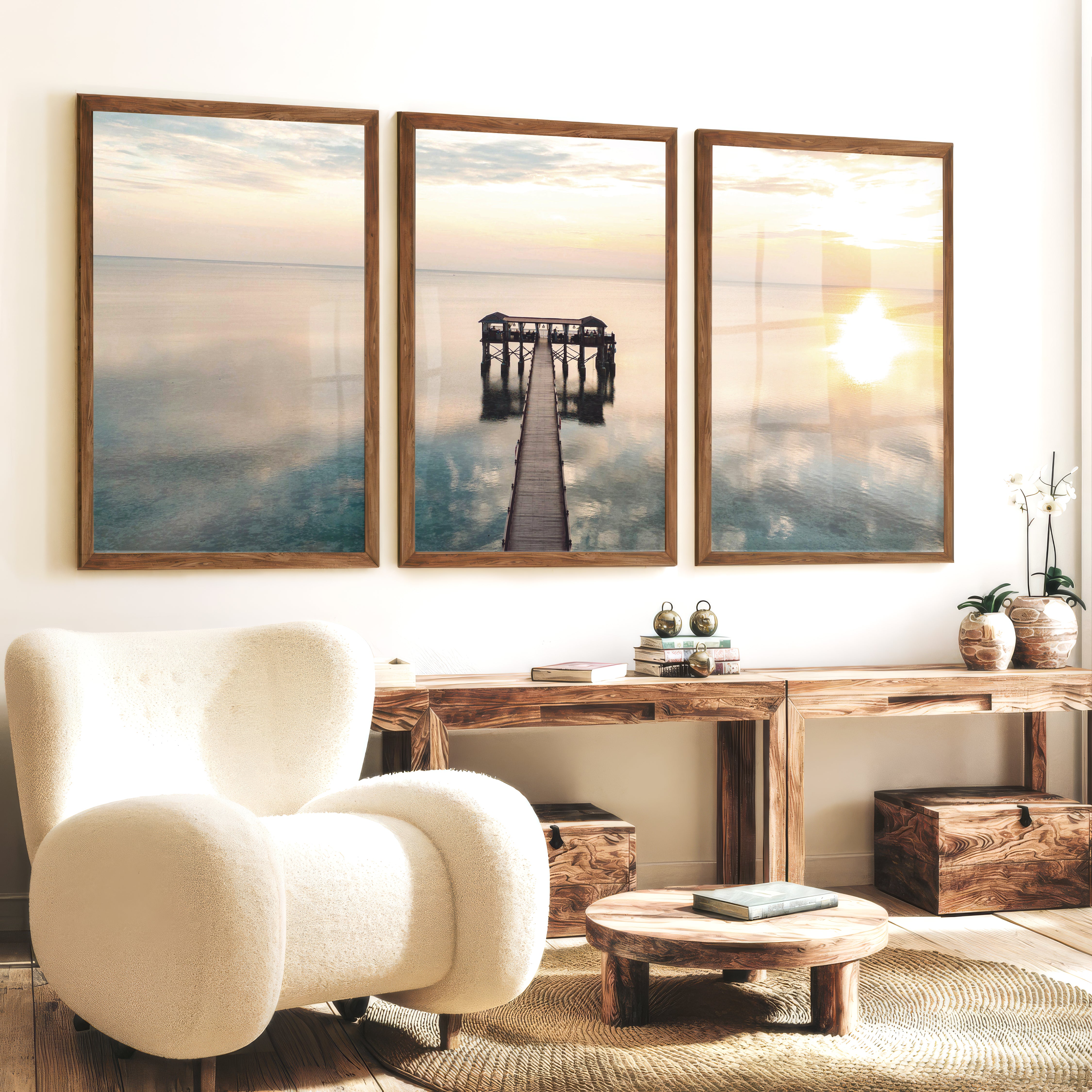 Sunset Pier sea wall art - Dark Brown Framed Poster No Border - Artworksets