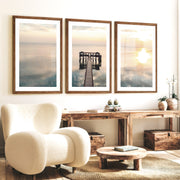 Sunset Pier sea wall art - Dark Brown Framed Poster with White Border - Artworksets