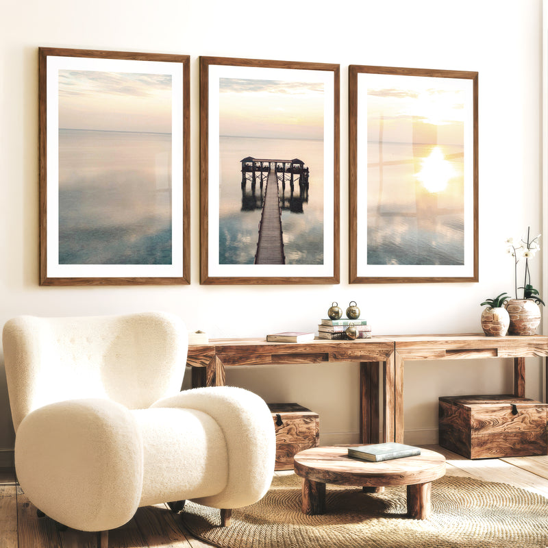 Sunset Pier sea wall art - Dark Brown Framed Poster with White Border - Artworksets
