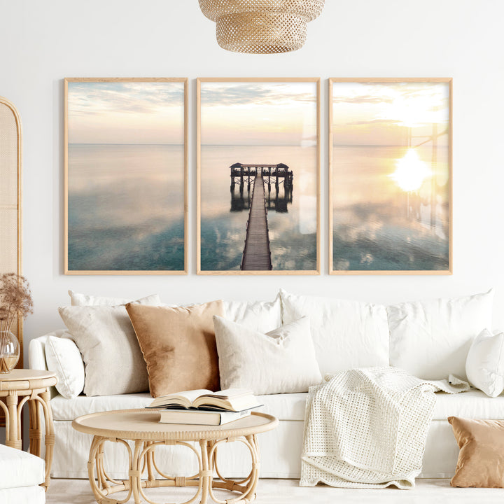 Sunset Pier sea wall art - Natural Wood Framed Poster No Border - Artworksets