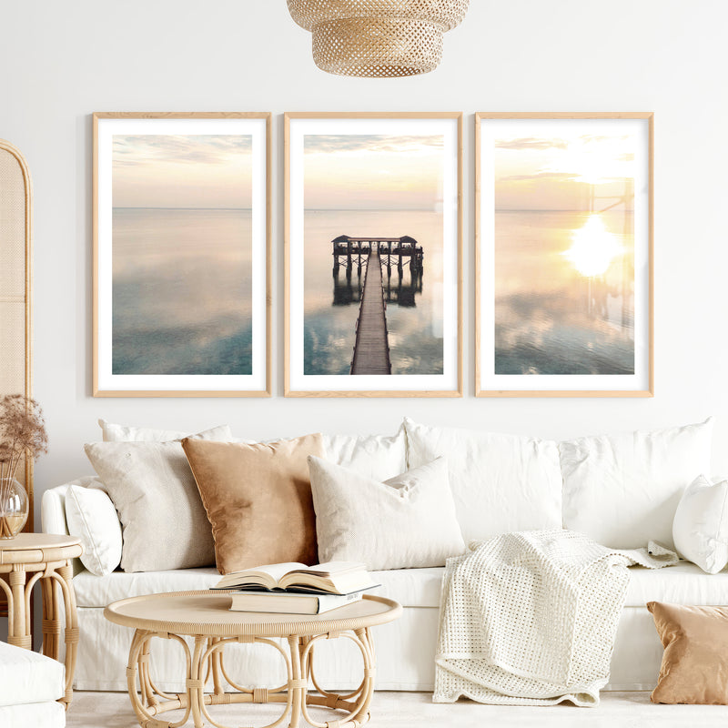 Sunset Pier sea wall art- Natural Wood Framed Poster with White Border - Artworksets