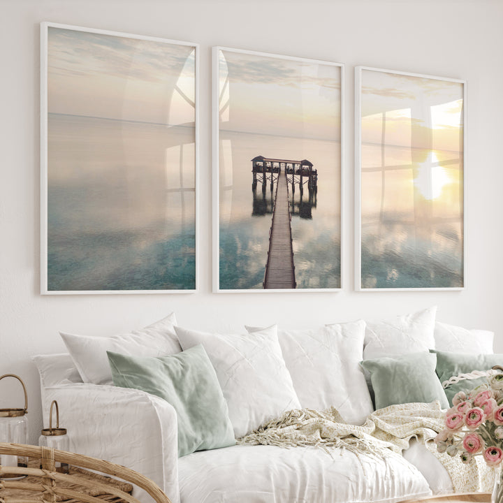 Sunset Pier sea wall art - White Framed Poster No Border - Artworksets