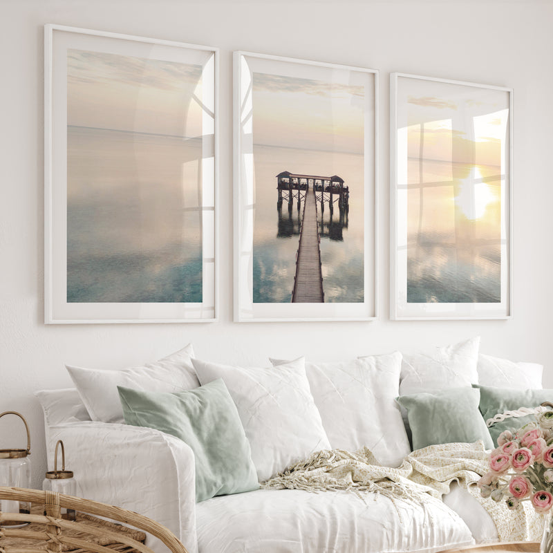 Sunset Pier sea wall art - White Framed Poster with White Border - Artworksets