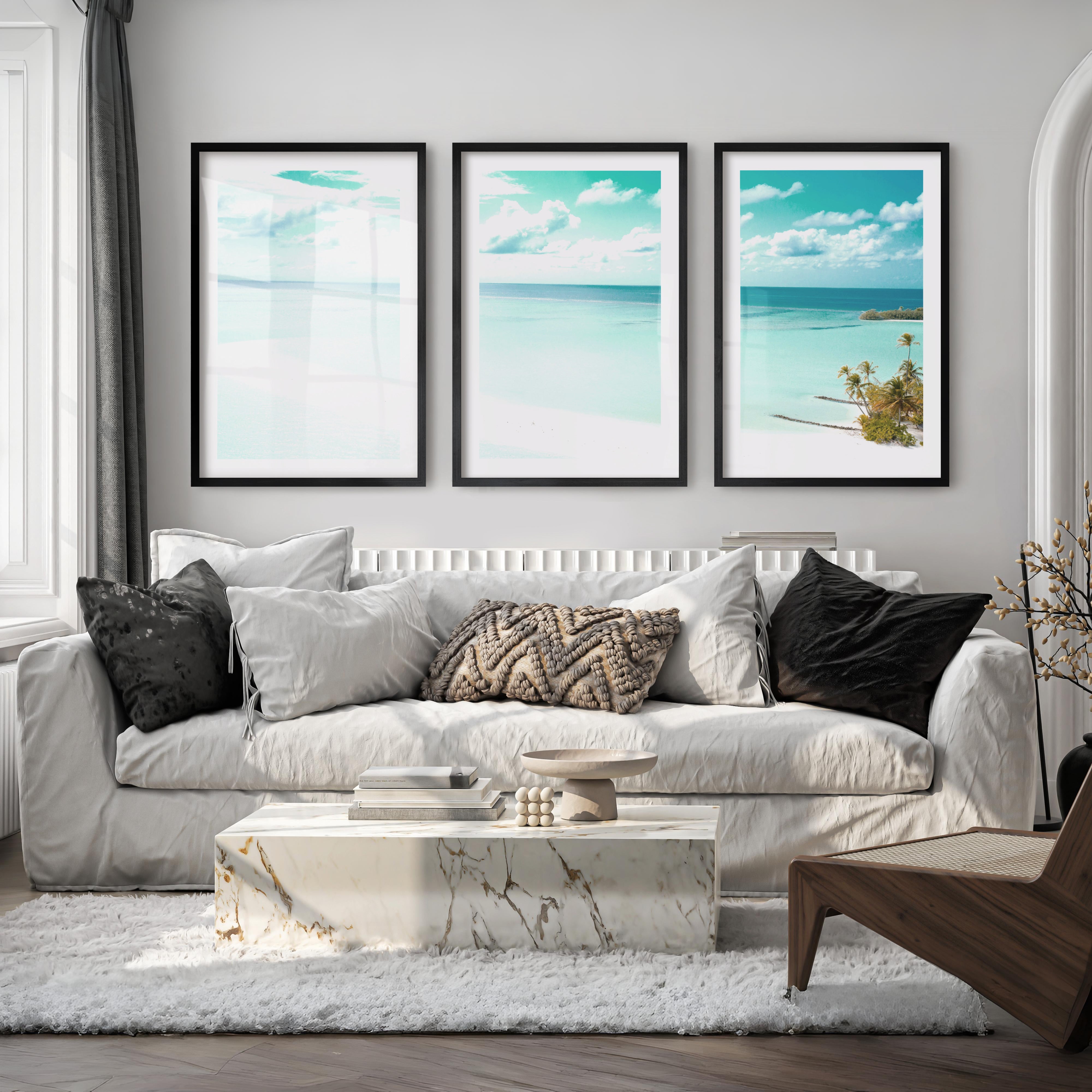 Turquoise Sandbar sea wall art - Black Framed Poster with White Border - Artworksets
