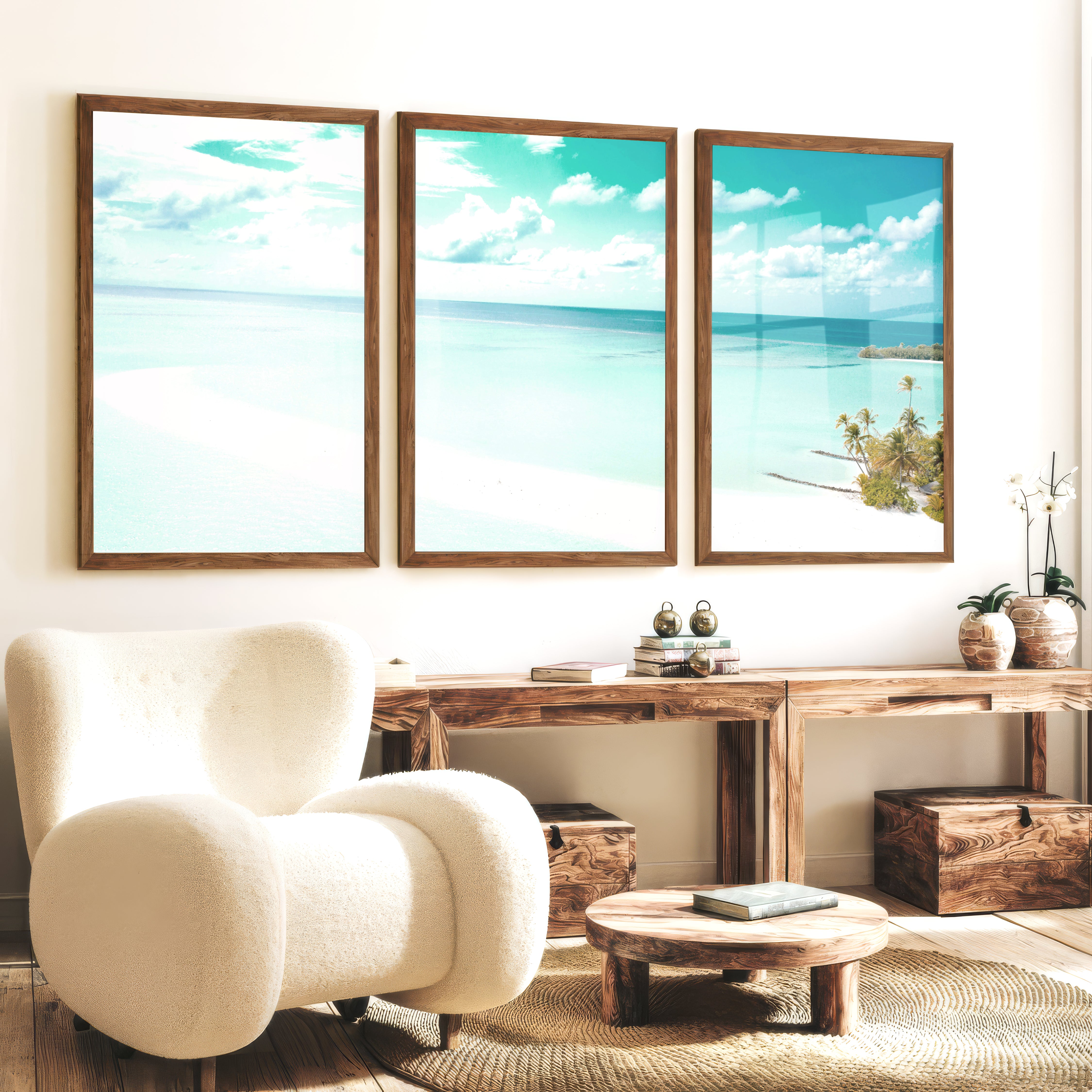 Turquoise Sandbar sea wall art - Dark Brown Framed Poster No Border - Artworksets
